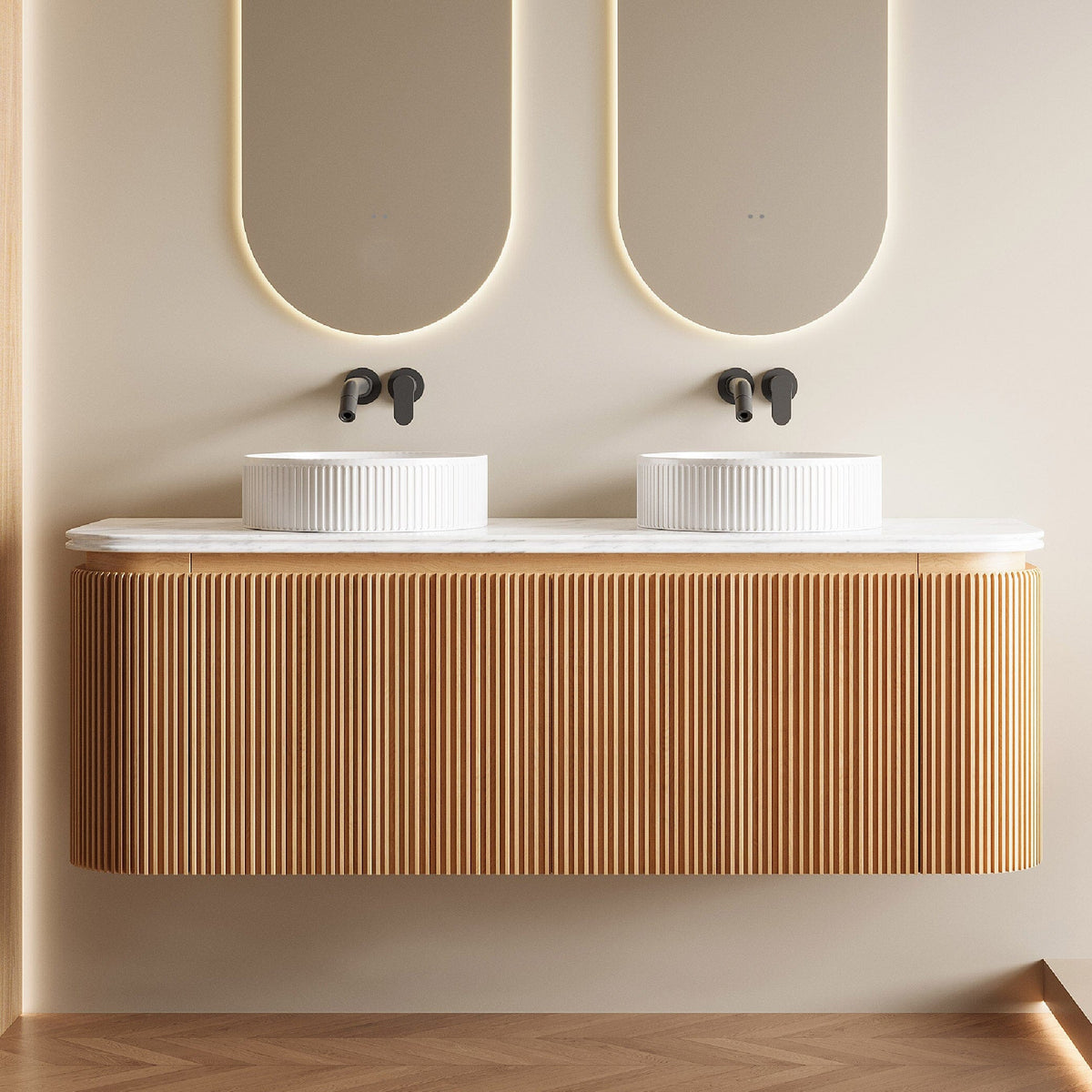 KODI 1500mm Curved Fluted Timber Veneer Wall Hung Bathroom Vanity + Natural Carrara Marble Top Vanities Arova
