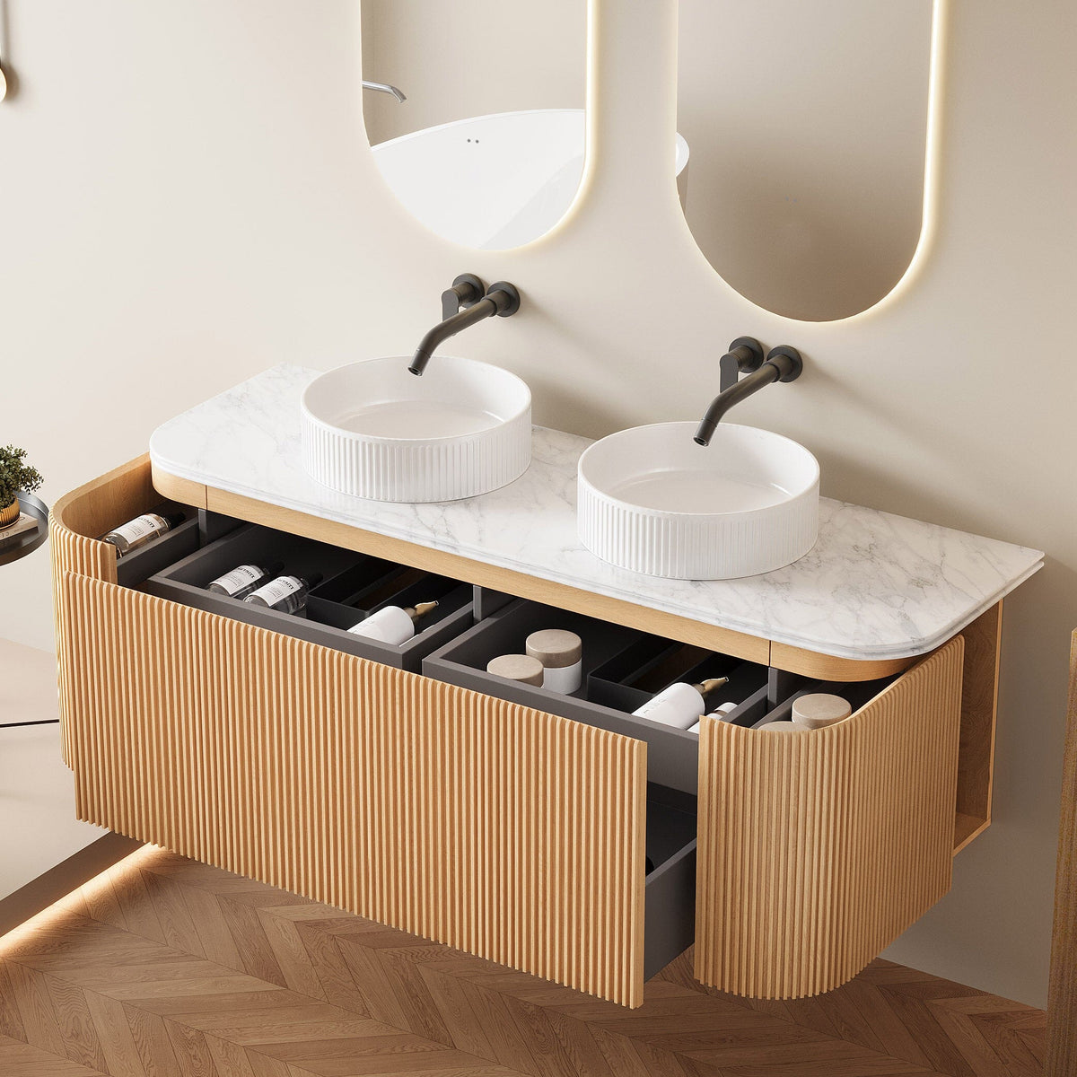 KODI 1500mm Curved Fluted Timber Veneer Wall Hung Bathroom Vanity Vanities Arova
