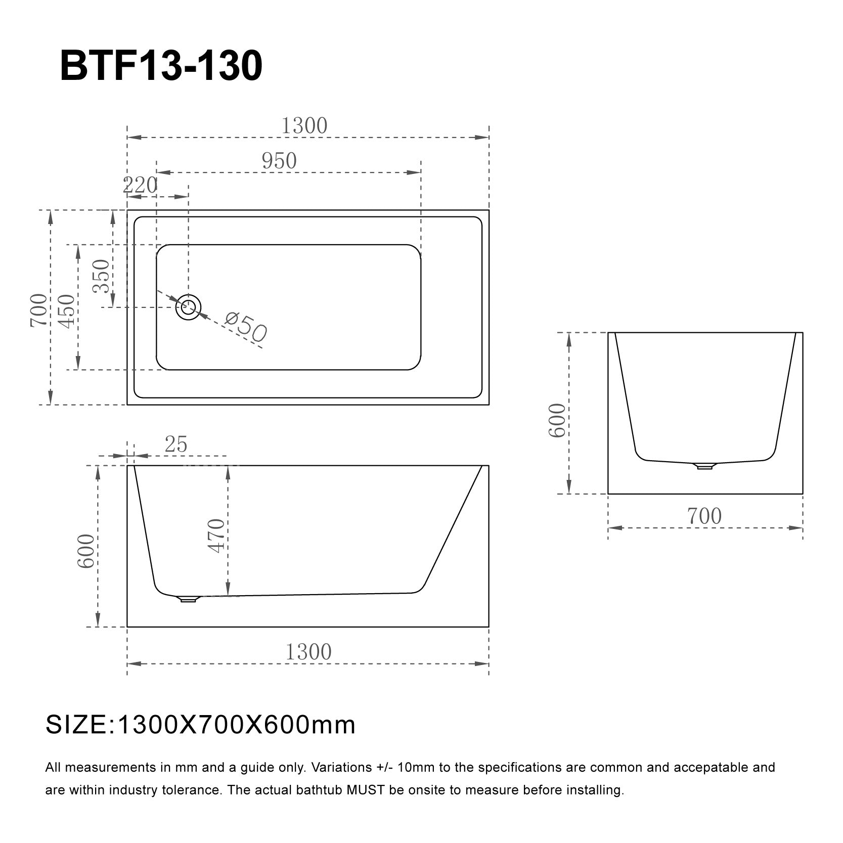 LEX 1300mm Multi Fit Rectangular Freestanding Bath Gloss White Baths AROVA