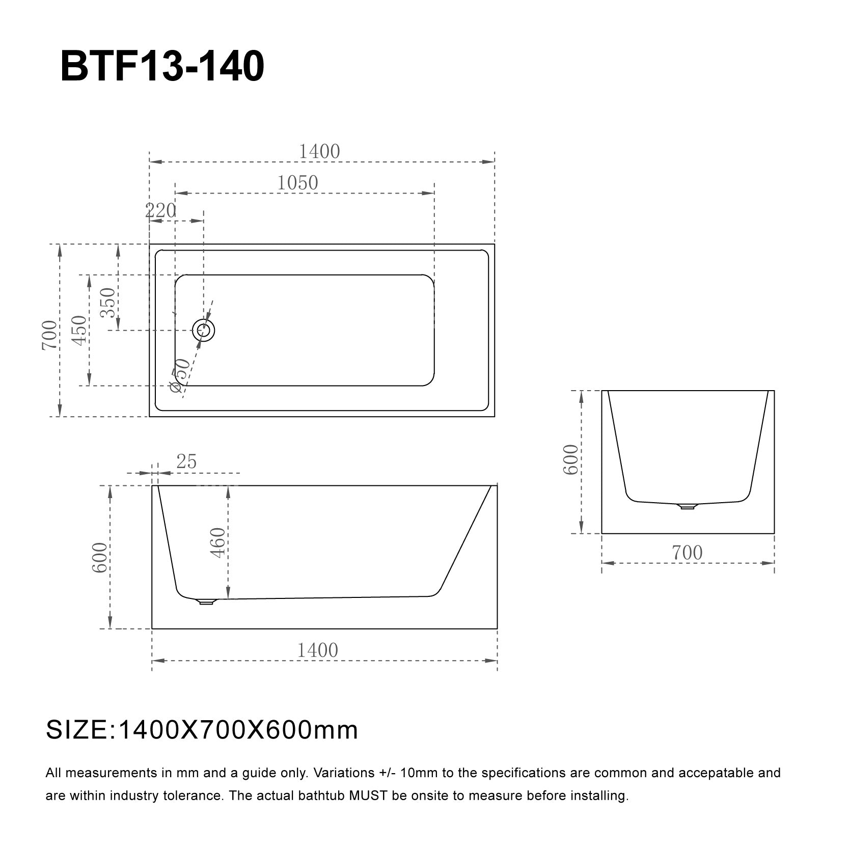 LEX 1400mm Multi Fit Rectangular Freestanding Bath Gloss White Baths AROVA