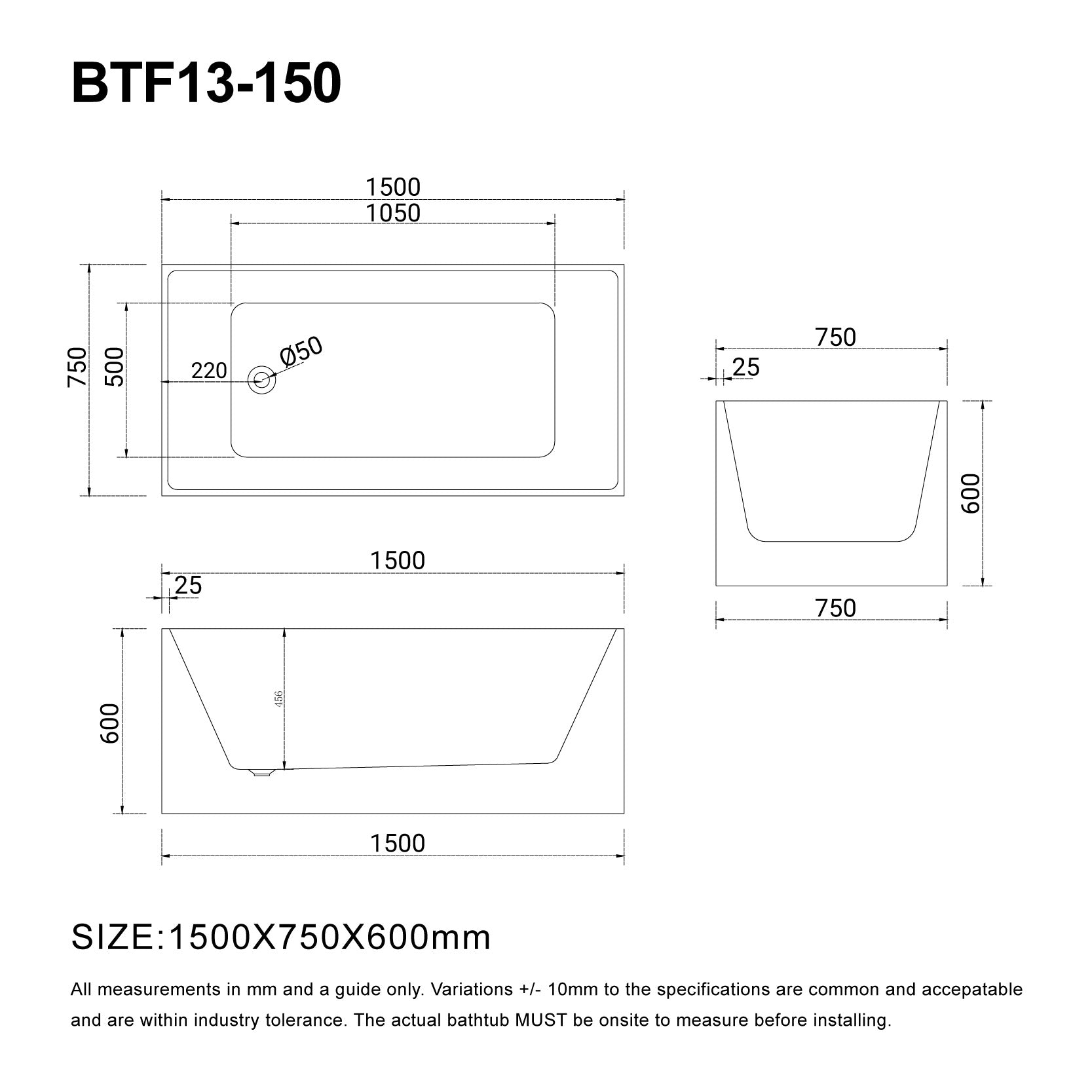 LEX 1500mm Multi Fit Rectangular Freestanding Bath Gloss White Baths AROVA