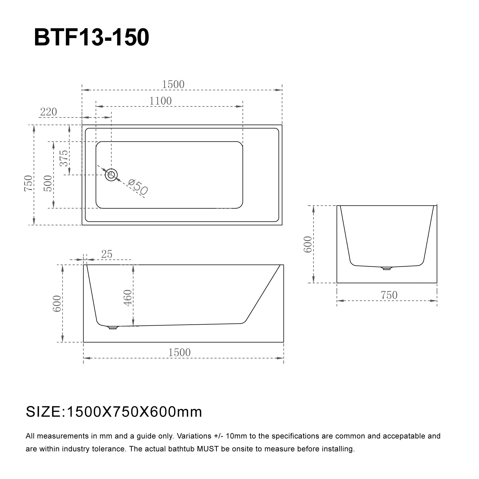 LEX 1500mm Multi Fit Rectangular Freestanding Bath Gloss White Baths AROVA