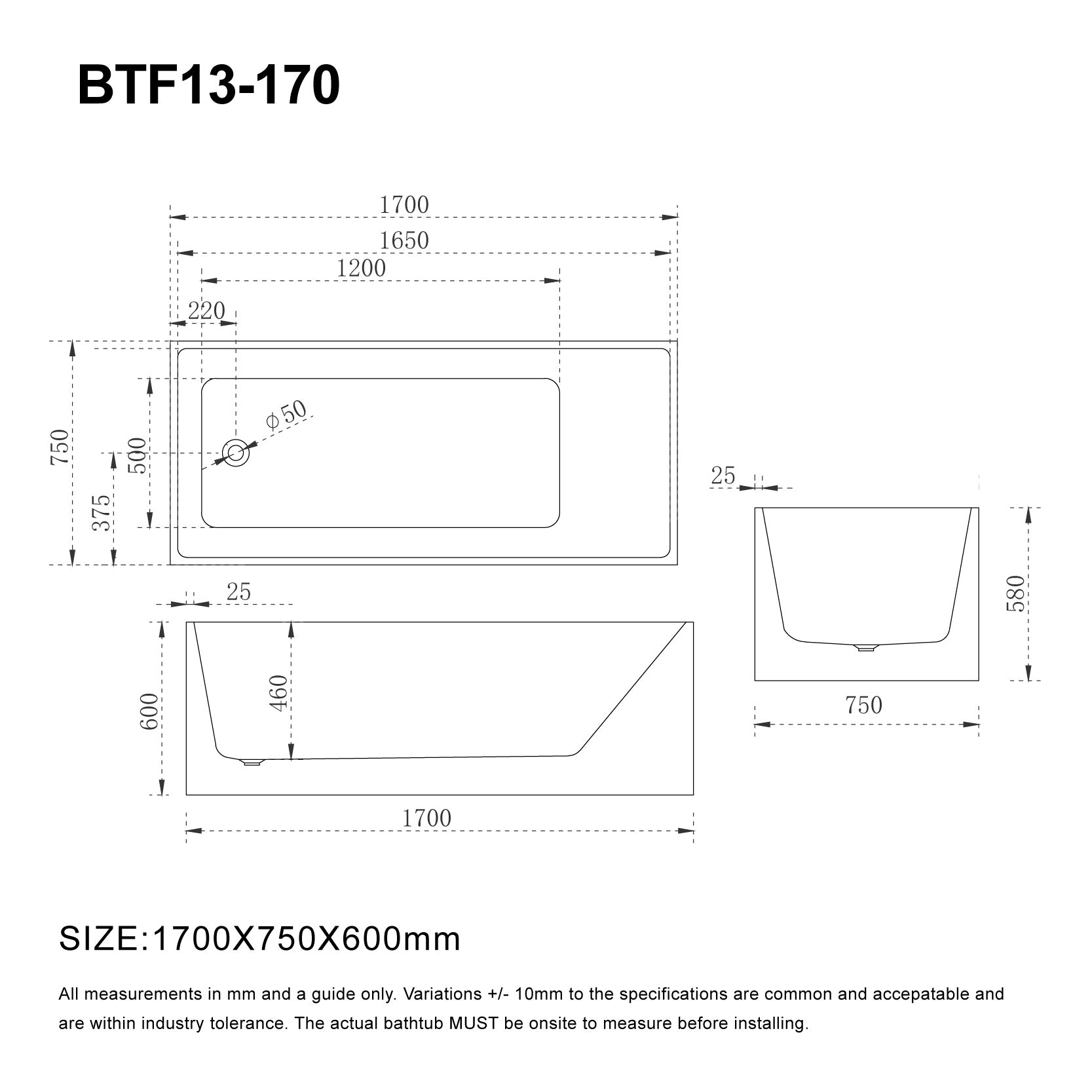 LEX 1700mm Multi Fit Rectangular Freestanding Bath Gloss White Baths AROVA