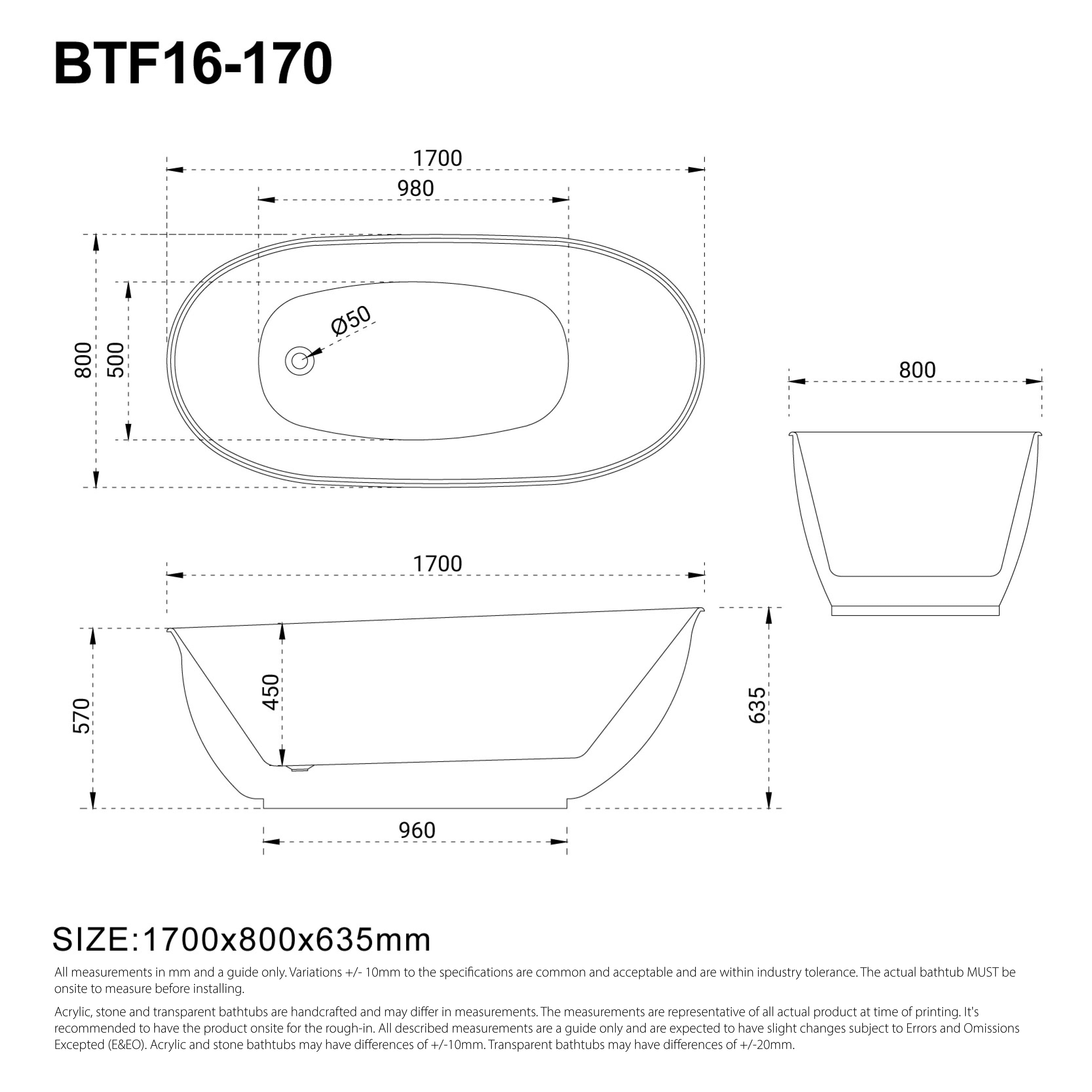 LUCCI 1700mm Oval Freestanding Bathtub Matte White Baths AROVA
