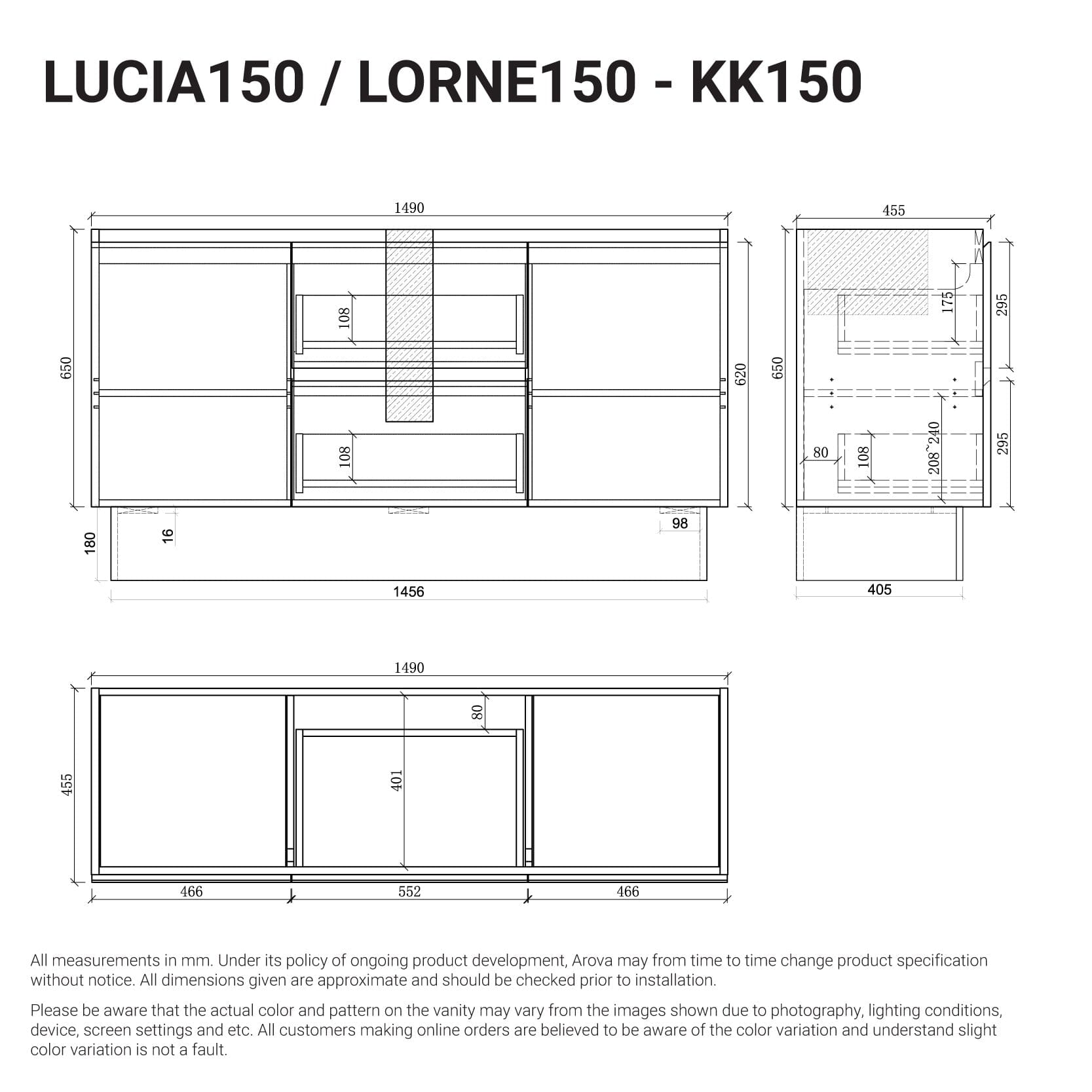Lucia 1500mm Freestanding Bathroom Vanity Matte White Arova