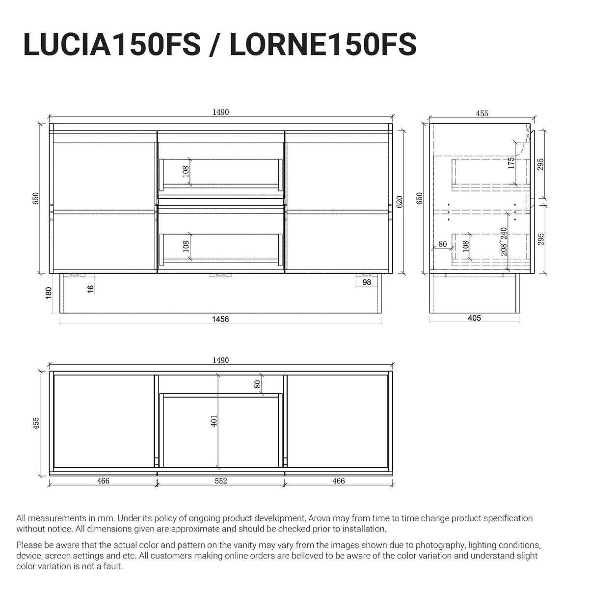 Lucia 1500mm Freestanding Bathroom Vanity Matte White Arova
