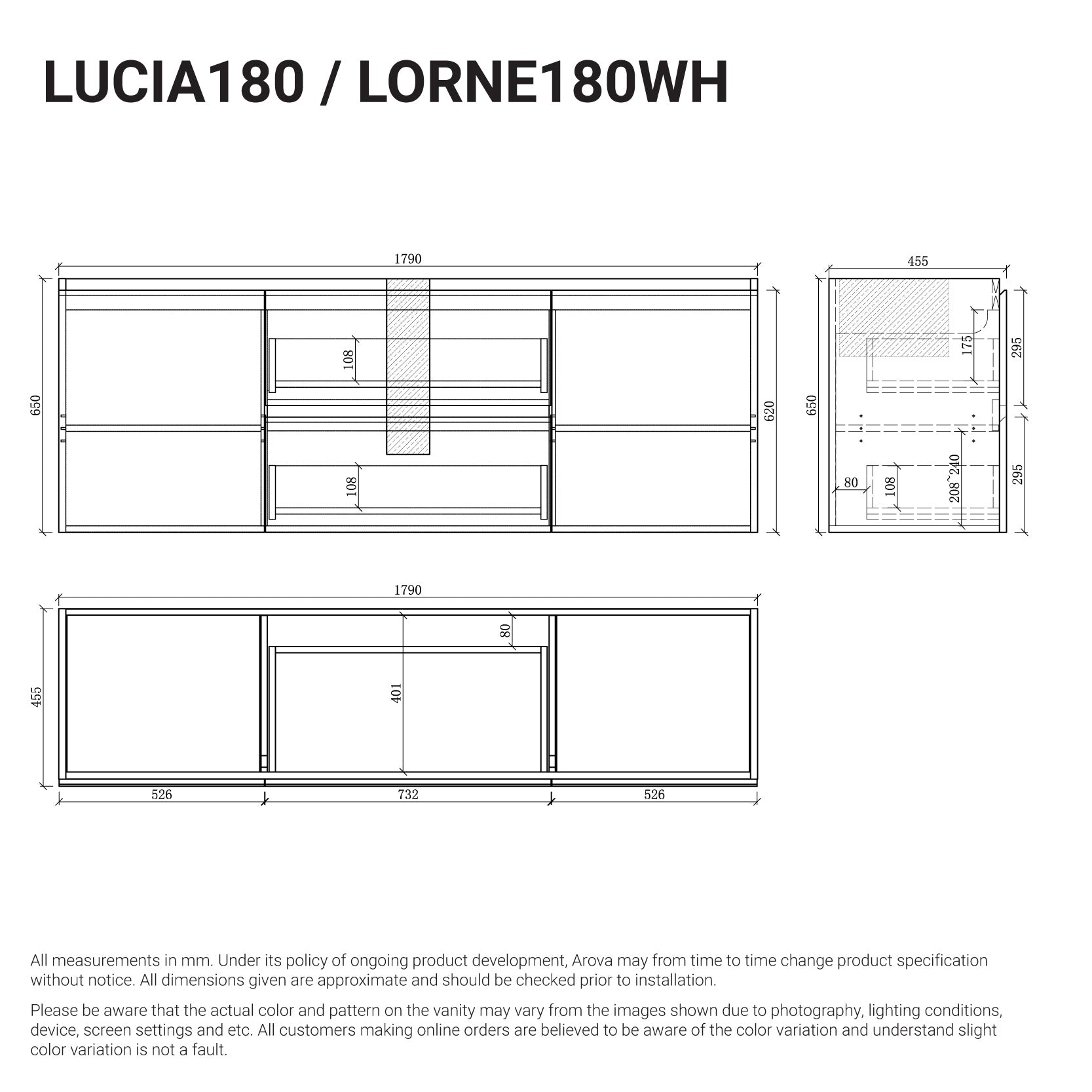 Lucia 1800mm Wall Hung Bathroom Vanity Matte White Vanities Arova
