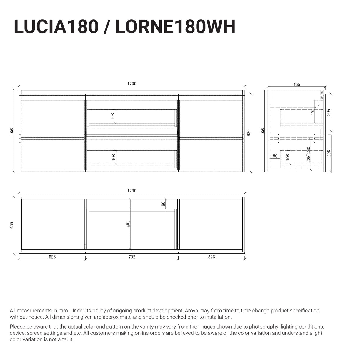 Lucia 1800mm Wall Hung Bathroom Vanity Matte White Vanities Arova