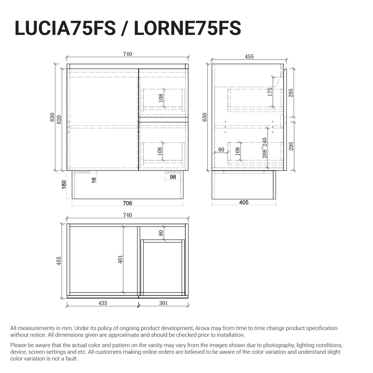 Lucia 750mm Freestanding Bathroom Vanity Matte White Arova