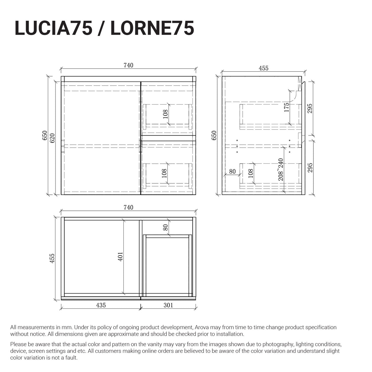 Lucia 750mm Wall Hung Bathroom Vanity Matte White Vanities Arova