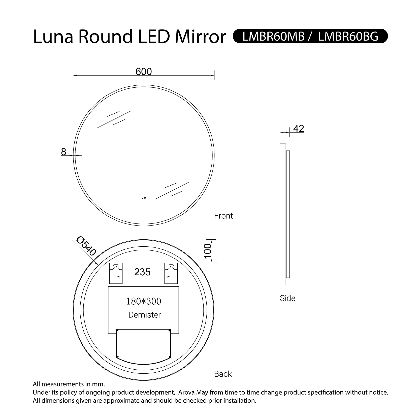 Luna Black Frame Anti-Fog Dimmable Led Bathroom Mirror Round 600mm LED Mirror Arova