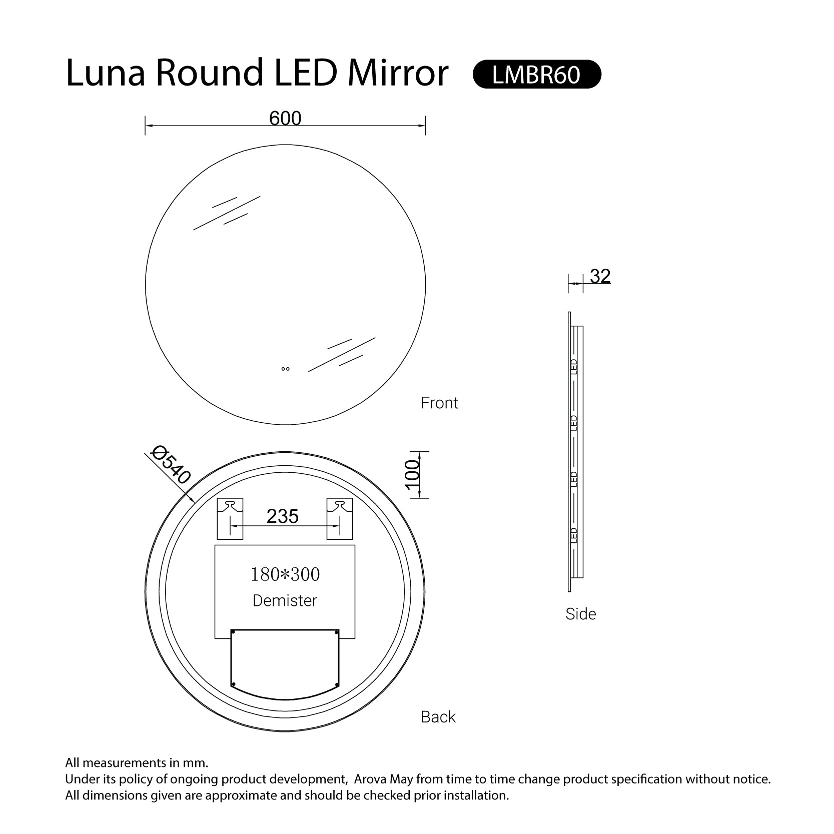 Luna Frameless Anti-Fog Dimmable Led Bathroom Mirror Round 600mm LED Mirror Arova