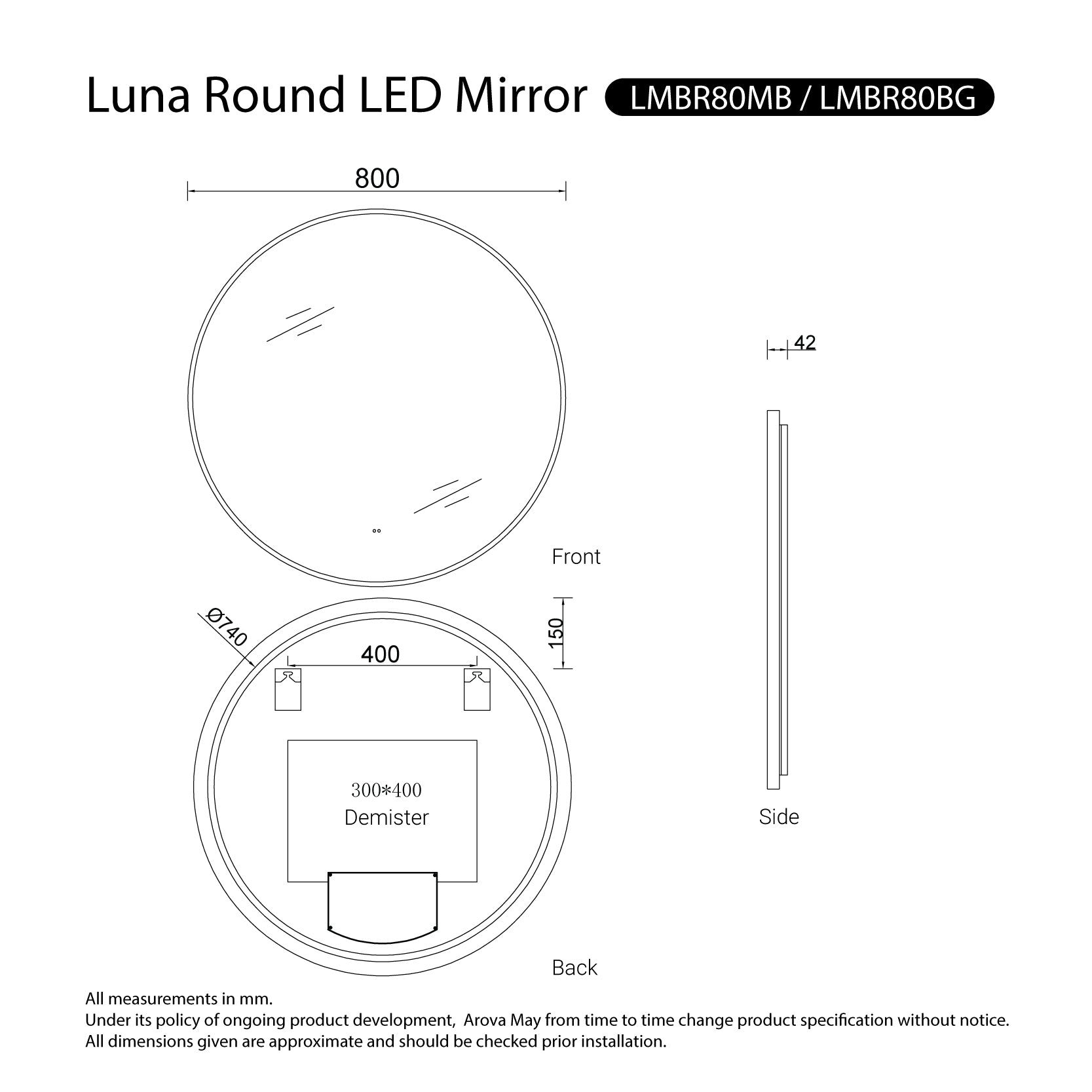Luna Gold Frame Anti-Fog Dimmable Led Bathroom Mirror Round 800mm LED Mirror Arova