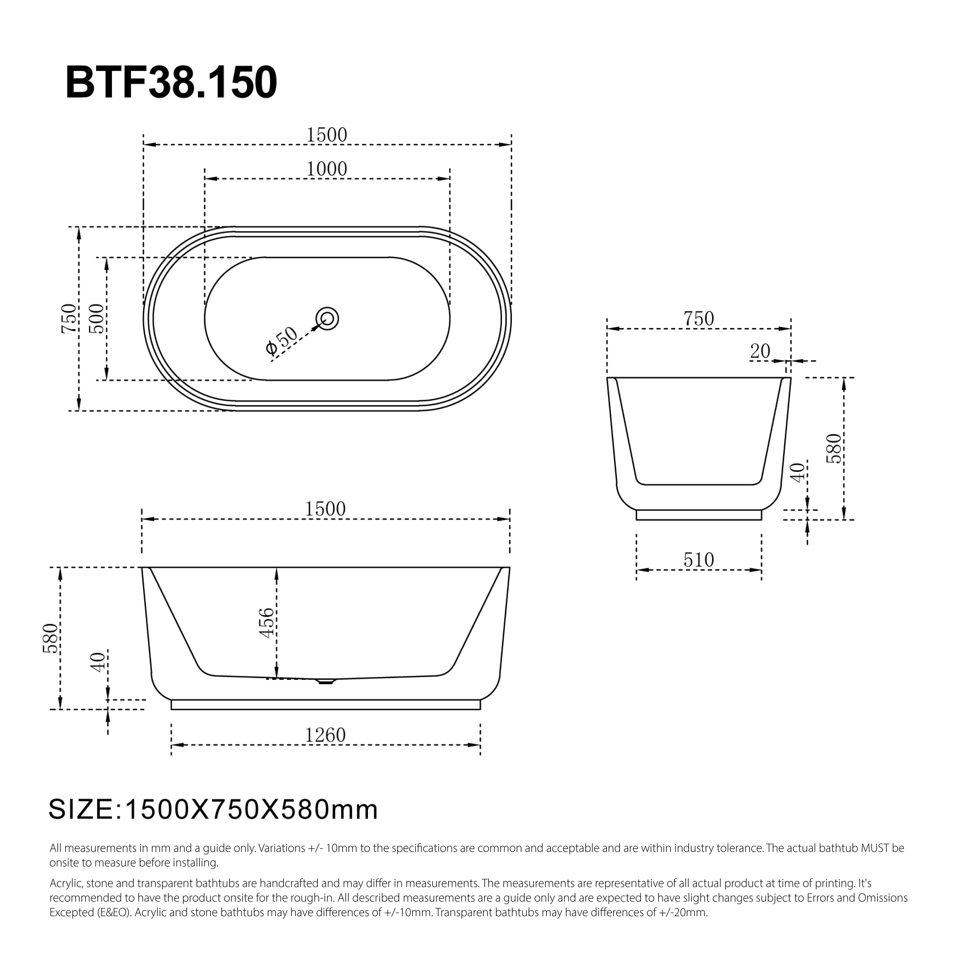 Mae 1500mm Oval Free Standing Bathtub Gloss White Baths Arova