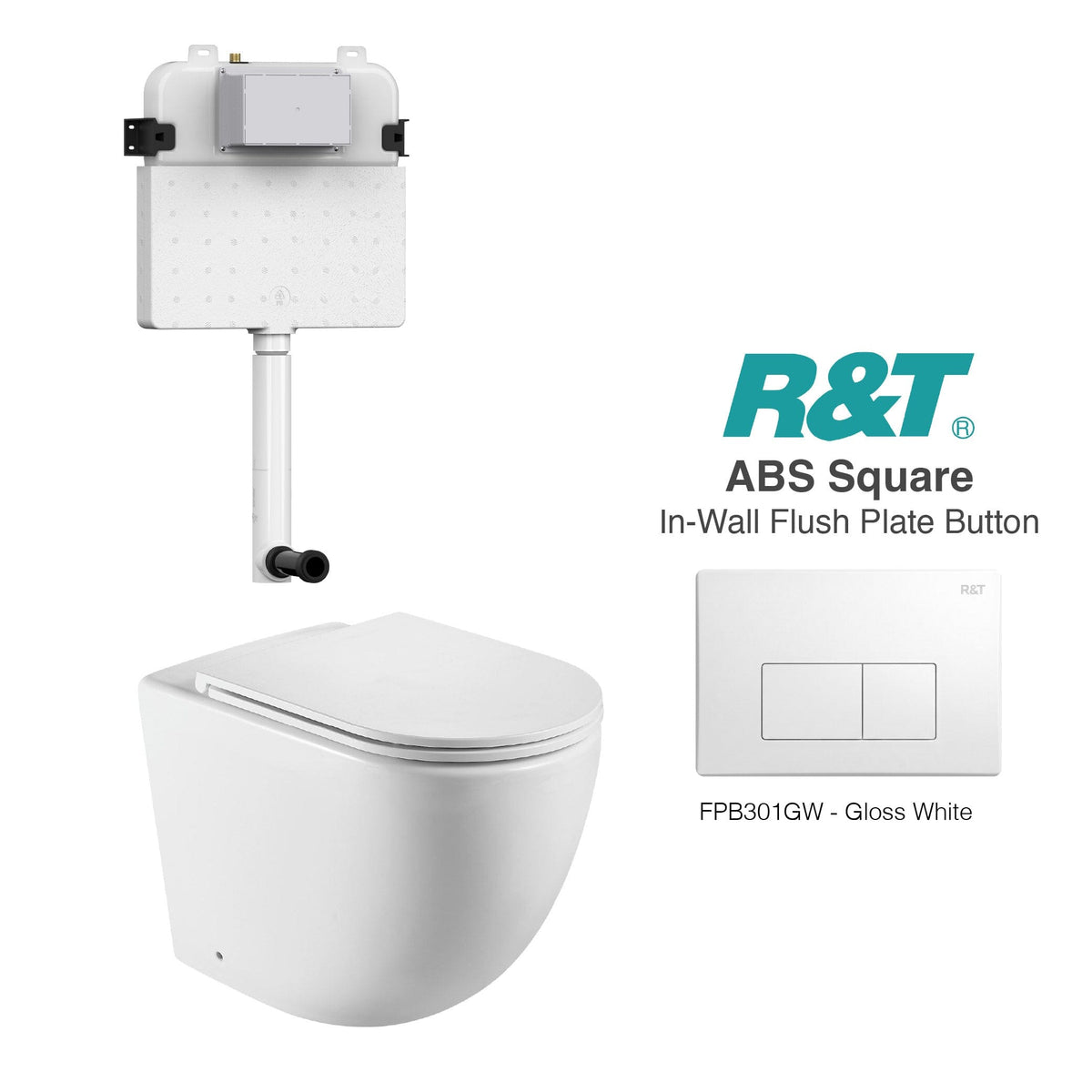 Max 57 Rimless Tornado Toilet Package - R&T Cistern & ABS Square Button Arova Max57 CST001 - R&T In Wall Toilet Cistern Gloss White