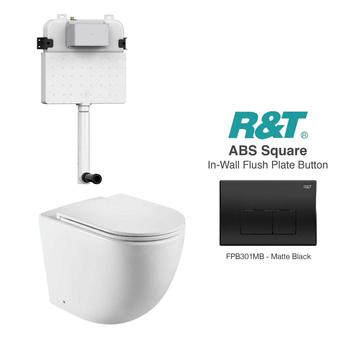 Max 57 Rimless Tornado Toilet Package - R&T Cistern & ABS Square Button Arova Max57 CST001 - R&T In Wall Toilet Cistern Matte Black