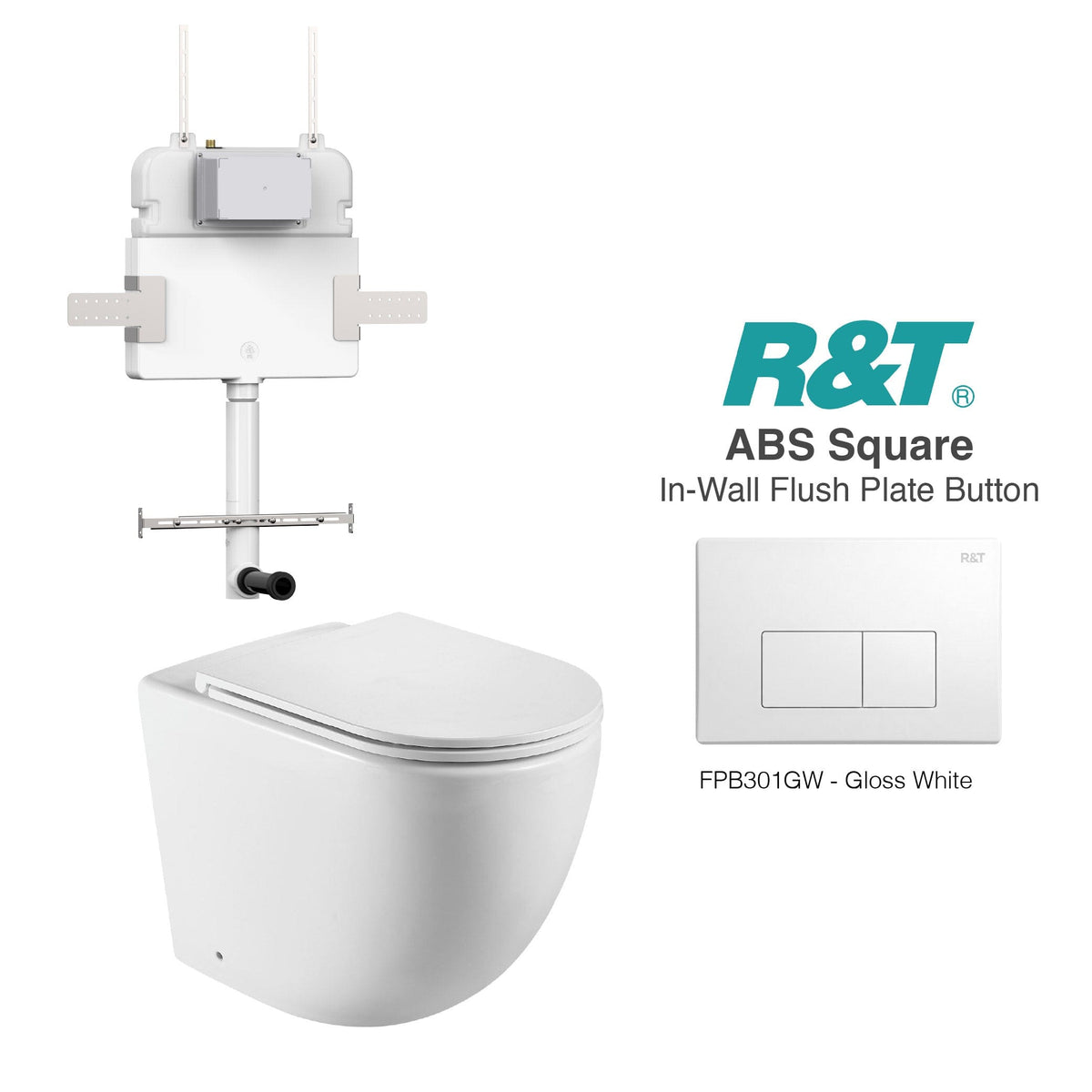 Max 57 Rimless Tornado Toilet Package - R&T Cistern & ABS Square Button Arova Max57 CST002 – Upgraded Reinforced R&T In-Wall Toilet Cistern Gloss White