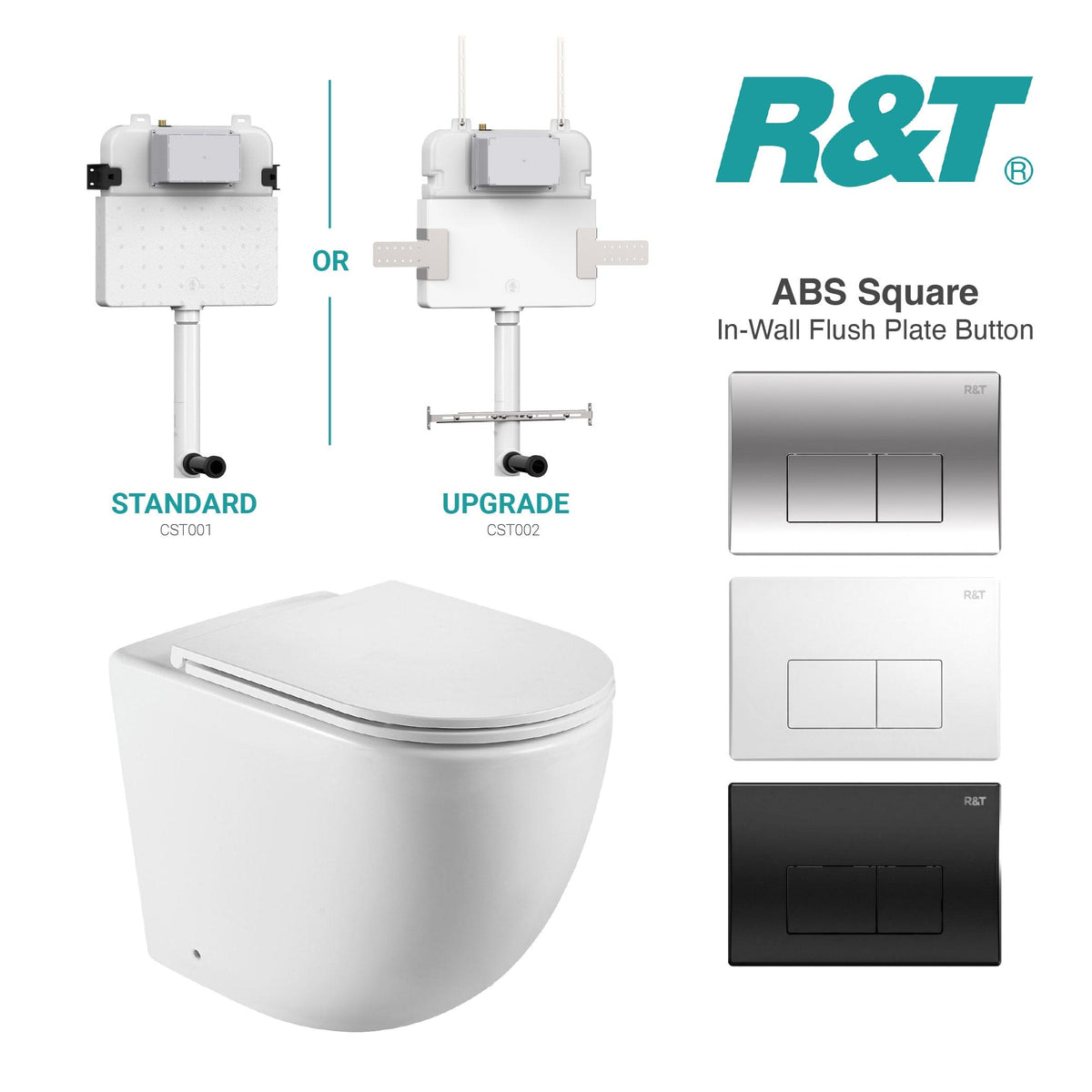 Max 57 Rimless Tornado Toilet Package - R&T Cistern & ABS Square Button Toilets Arova