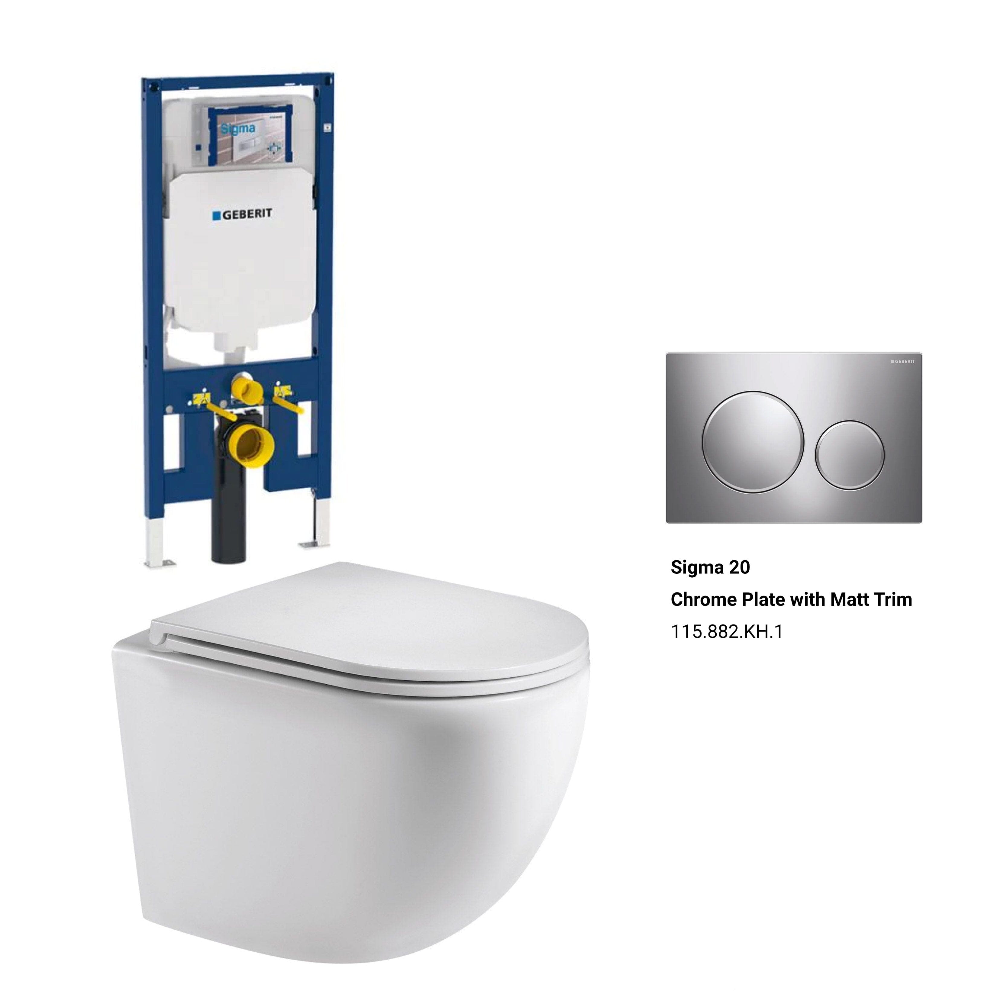 Max49 Rimless Tornado Wall Hung Toilet Package - Geberit Sigma 8 Duofix In Wall Cistern & Button Toilets Arova Geberit Sigma 8 Duofix In Wall Cistern and Frame - 111.698.00.1 Sigma 20 Chrome Plate with Matt Trim-115.882.KH.1