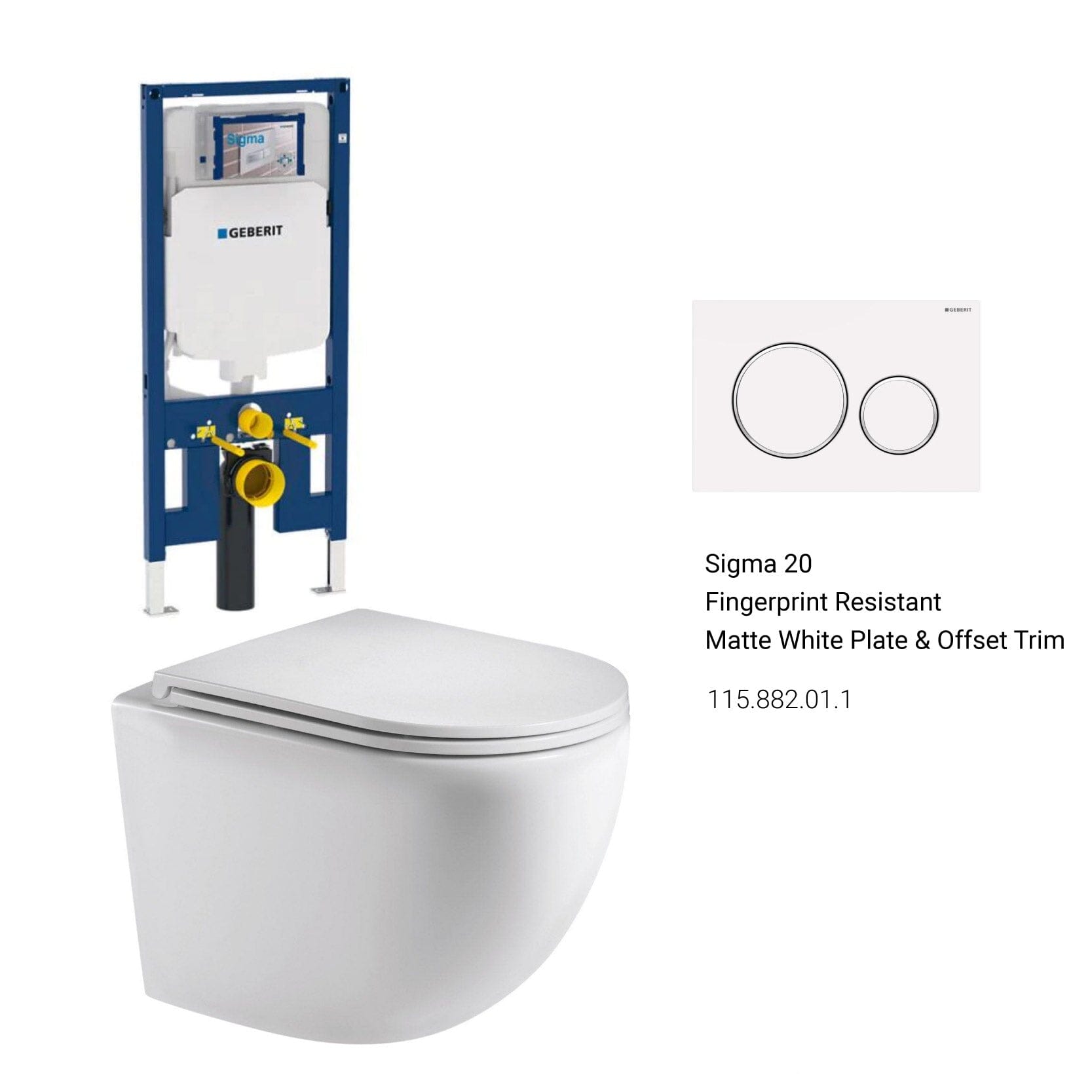 Max49 Rimless Tornado Wall Hung Toilet Package - Geberit Sigma 8 Duofix In Wall Cistern & Button Toilets Arova Geberit Sigma 8 Duofix In Wall Cistern and Frame - 111.698.00.1 Sigma 20 Fingerprint Resistant Matte White Plate & Offset Trim-115.882.01.1