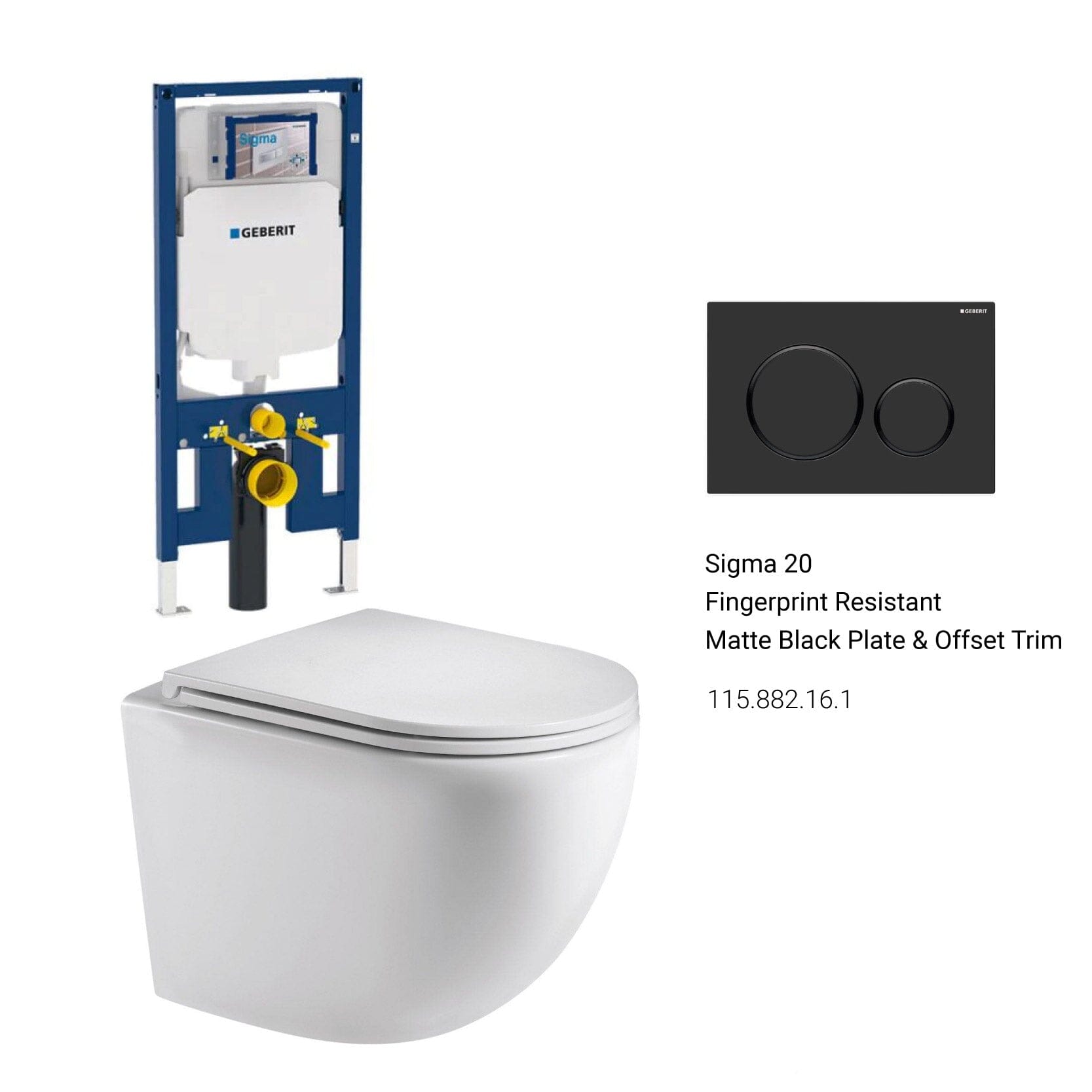 Max49 Rimless Tornado Wall Hung Toilet Package - Geberit Sigma 8 Duofix In Wall Cistern & Button Toilets Arova Geberit Sigma 8 Duofix In Wall Cistern and Frame - 111.698.00.1 Sigma 20 Fingerprint Resistant Matte Black Plate & Offset Trim-115.882.16.1