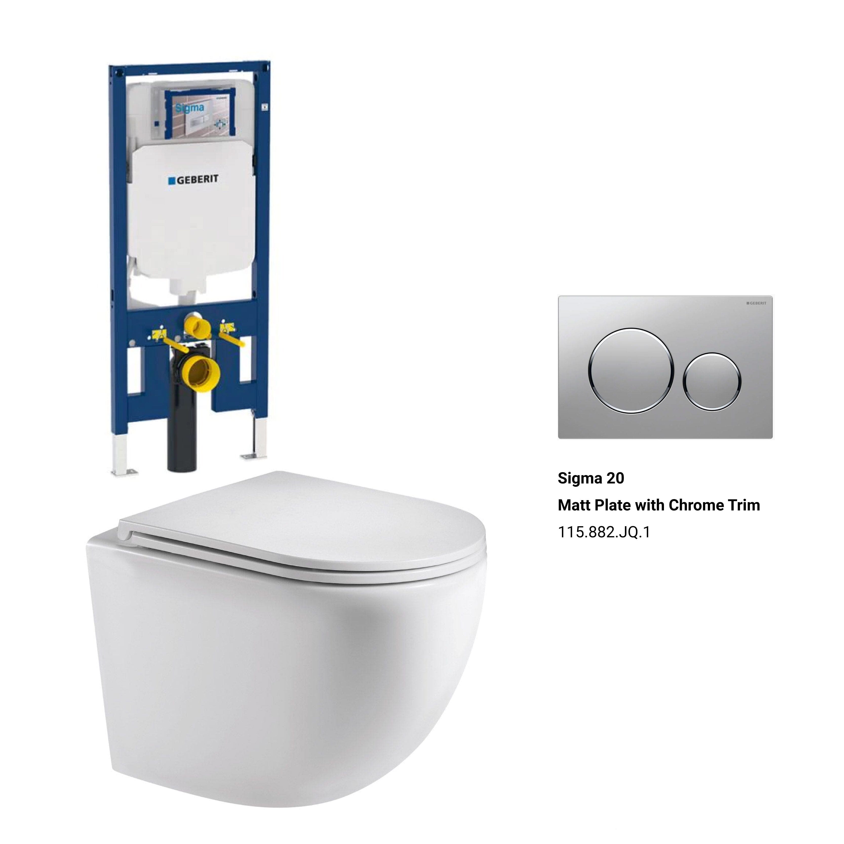Max49 Rimless Tornado Wall Hung Toilet Package - Geberit Sigma 8 Duofix In Wall Cistern & Button Toilets Arova Geberit Sigma 8 Duofix In Wall Cistern and Frame - 111.698.00.1 Sigma 20 Matt Plate with Chrome Trim-115.882.JQ.1