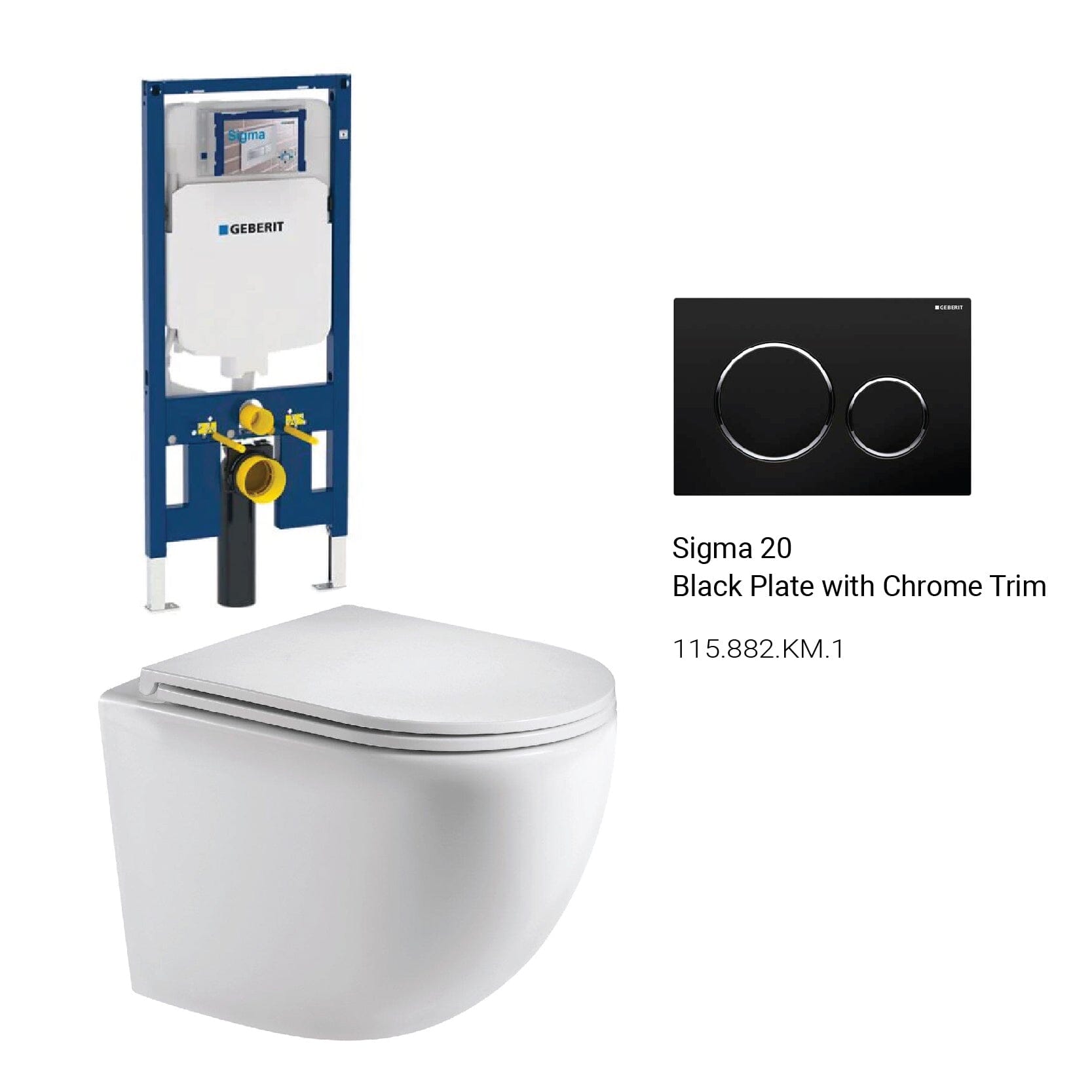 Max49 Rimless Tornado Wall Hung Toilet Package - Geberit Sigma 8 Duofix In Wall Cistern & Round Button Toilets Arova Black plate with chrome trim