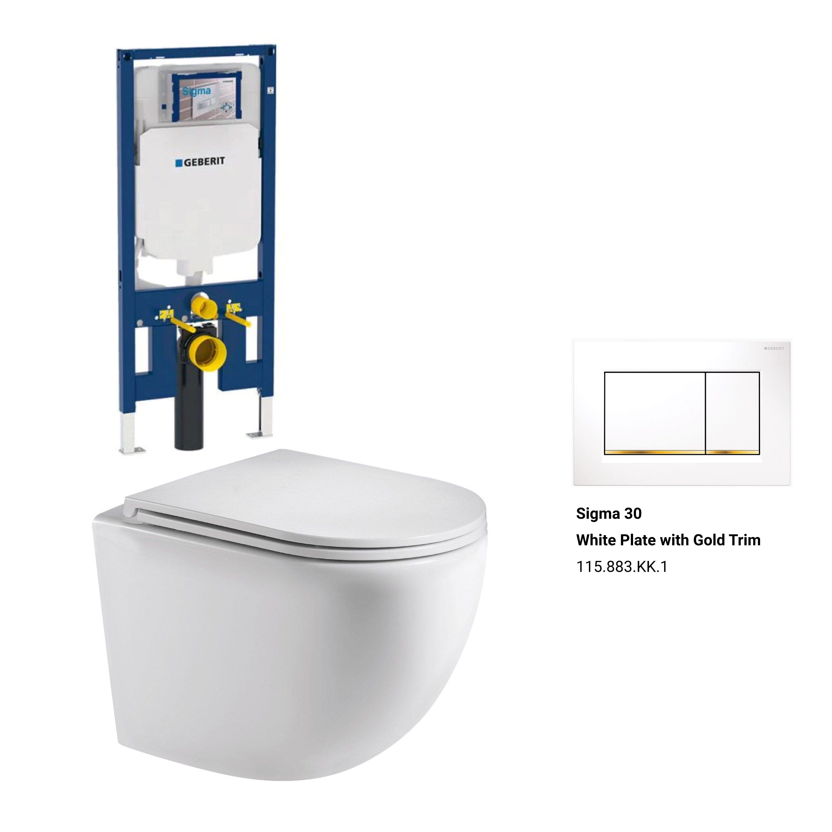 Max49 Rimless Tornado Wall Hung Toilet Package - Geberit Sigma 8 Duofix In Wall Cistern & Square Button Toilets Arova Geberit Sigma 8 Duofix In Wall Cistern and Frame - 111.698.00.1 Sigma 30 White Plate with Gold Trim-115.883.KK.1