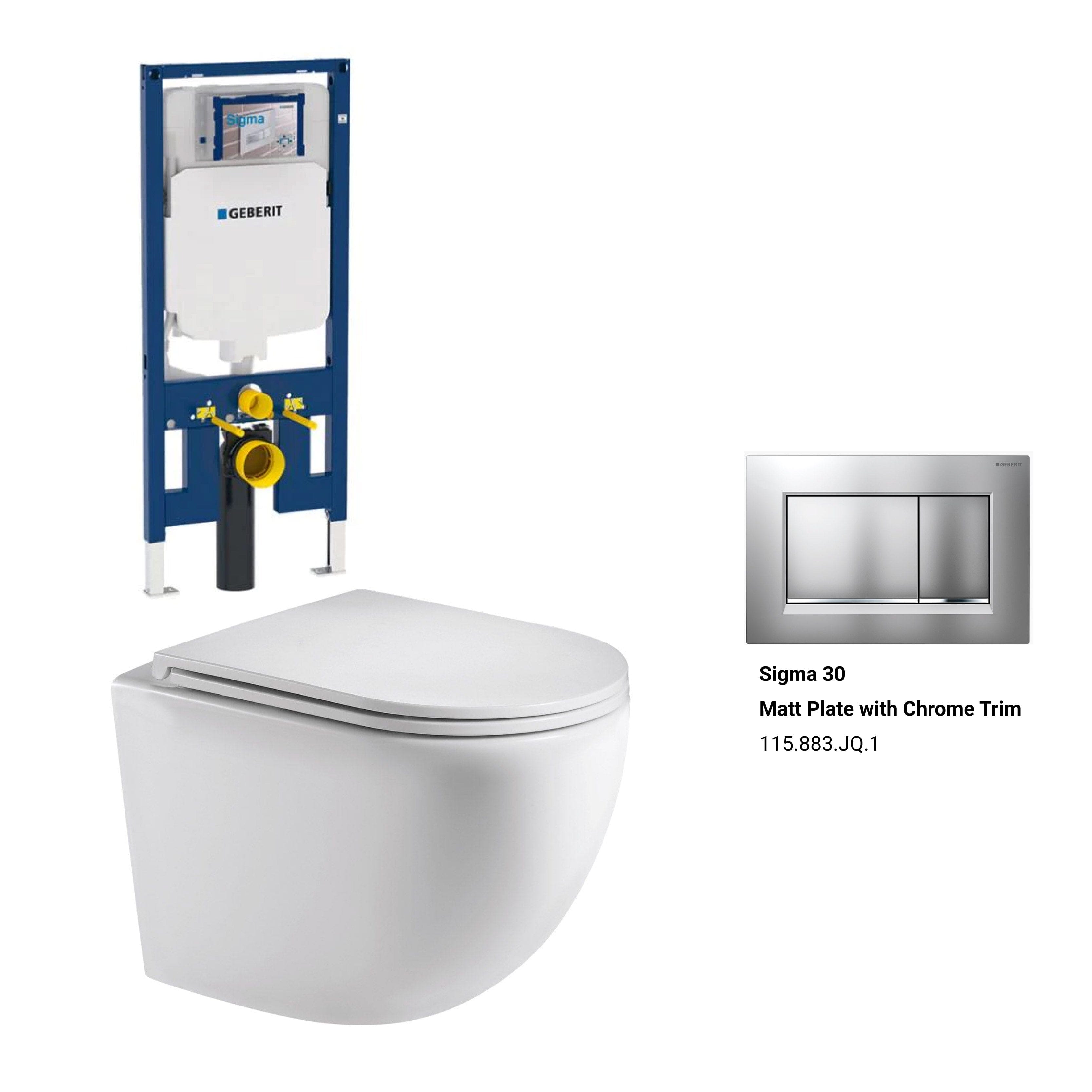 Max49 Rimless Tornado Wall Hung Toilet Package - Geberit Sigma 8 Duofix In Wall Cistern & Square Button Toilets Arova Geberit Sigma 8 Duofix In Wall Cistern and Frame - 111.698.00.1 Sigma 30 Matt Plate with Chrome Trim-115.883.JQ.1