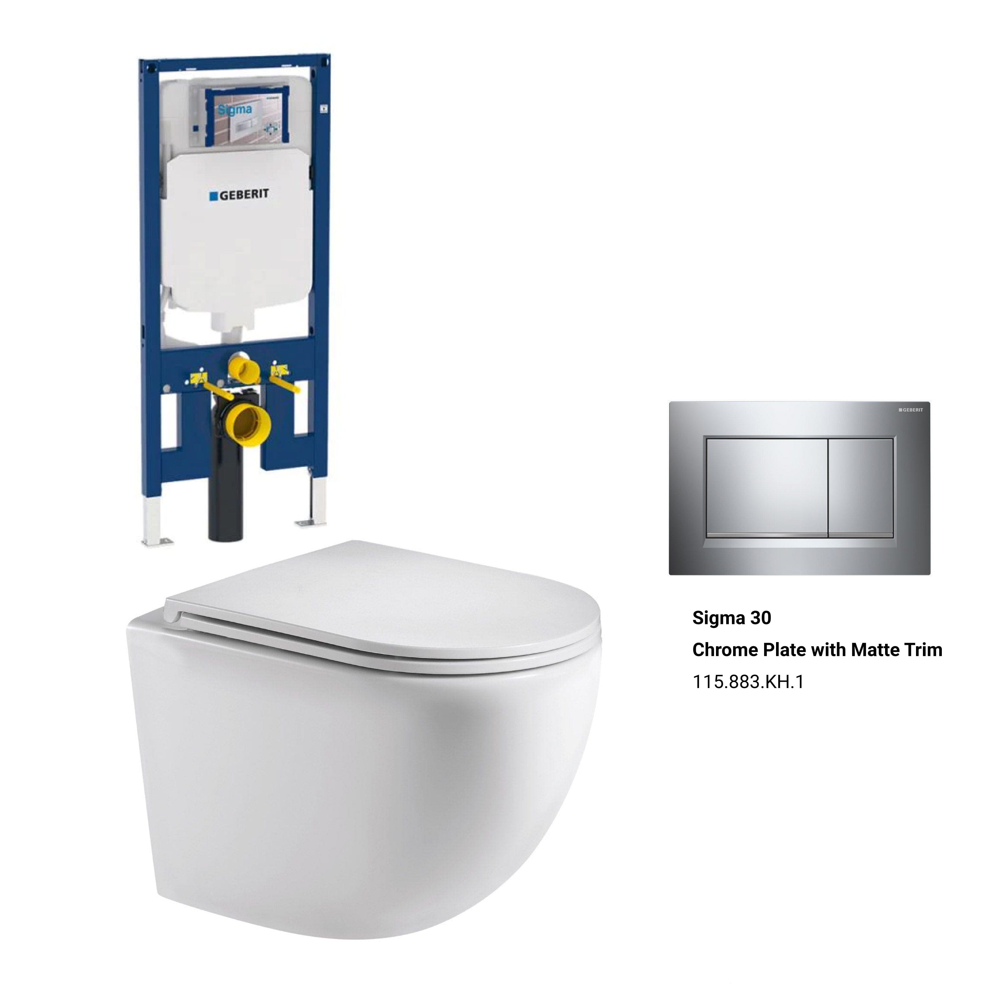 Max49 Rimless Tornado Wall Hung Toilet Package - Geberit Sigma 8 Duofix In Wall Cistern & Square Button Toilets Arova Geberit Sigma 8 Duofix In Wall Cistern and Frame - 111.698.00.1 Sigma 30 Chrome Plate with Matte Trim-115.883.KH.1