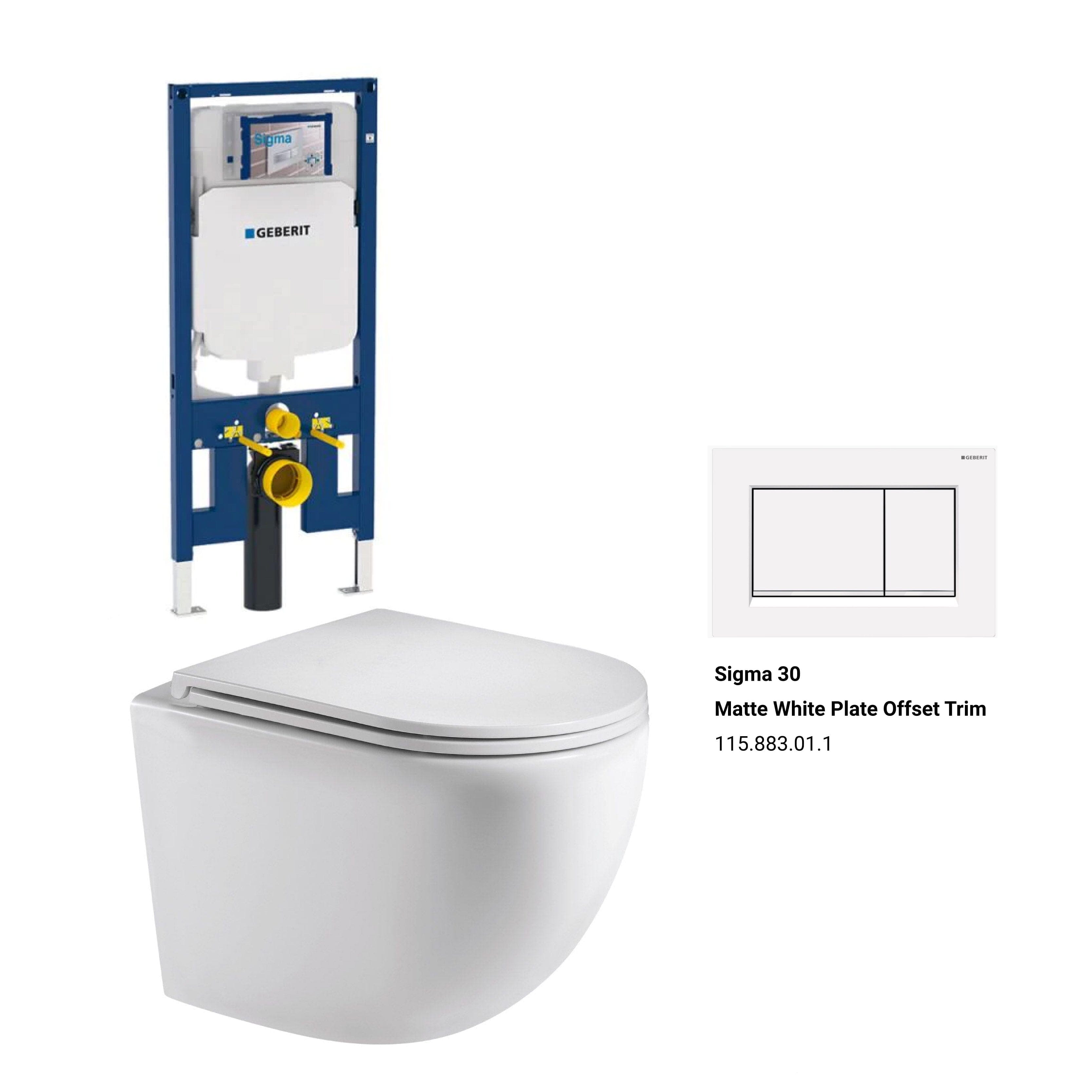 Max49 Rimless Tornado Wall Hung Toilet Package - Geberit Sigma 8 Duofix In Wall Cistern & Square Button Toilets Arova Geberit Sigma 8 Duofix In Wall Cistern and Frame - 111.698.00.1 Sigma 30 Matte White Plate Offset Trim-115.883.01.1