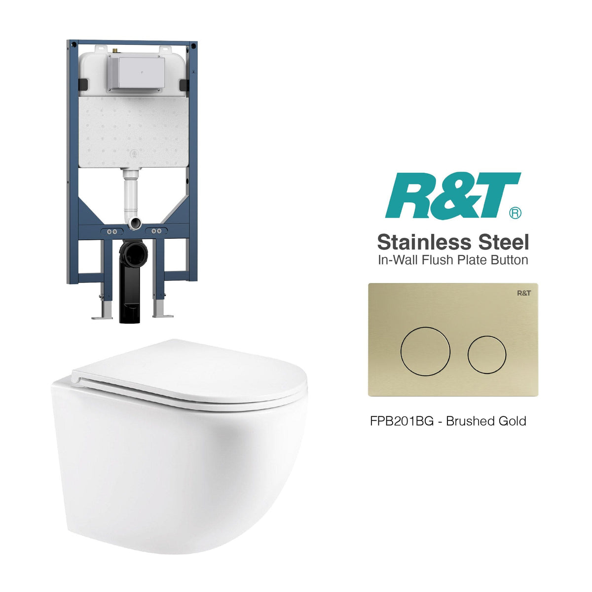 Max49 Rimless Tornado Wall Hung Toilet Package - R&T Cistern & Stainless Steel Button Arova Max49 Wall Hung Toilet Pan CST003 - R&T In Wall Toilet Cistern Brushed Gold