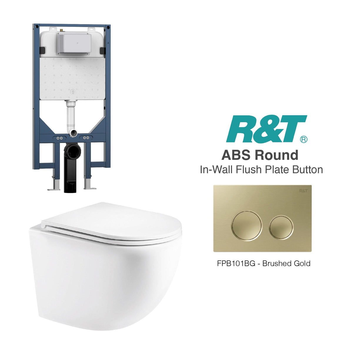Max49 Wall Hung Rimless Tornado Toilet Package - R&T Cistern & ABS Round Button Arova Max49 Wall Hung Toilet Pan CST003 - R&T In Wall Toilet Cistern Brushed Gold