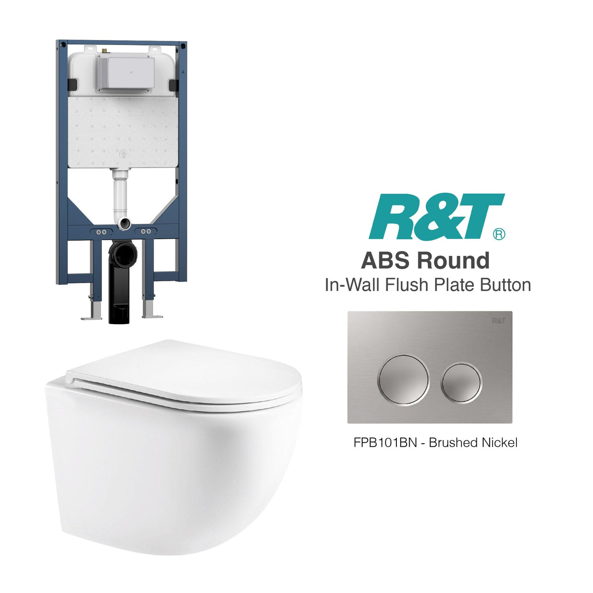Max49 Wall Hung Rimless Tornado Toilet Package - R&T Cistern & ABS Round Button Arova Max49 Wall Hung Toilet Pan CST003 - R&T In Wall Toilet Cistern Brushed Nickel