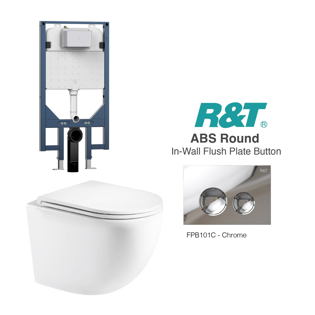 Max49 Wall Hung Rimless Tornado Toilet Package - R&T Cistern & ABS Round Button Arova Max49 Wall Hung Toilet Pan CST003 - R&T In Wall Toilet Cistern Chrome