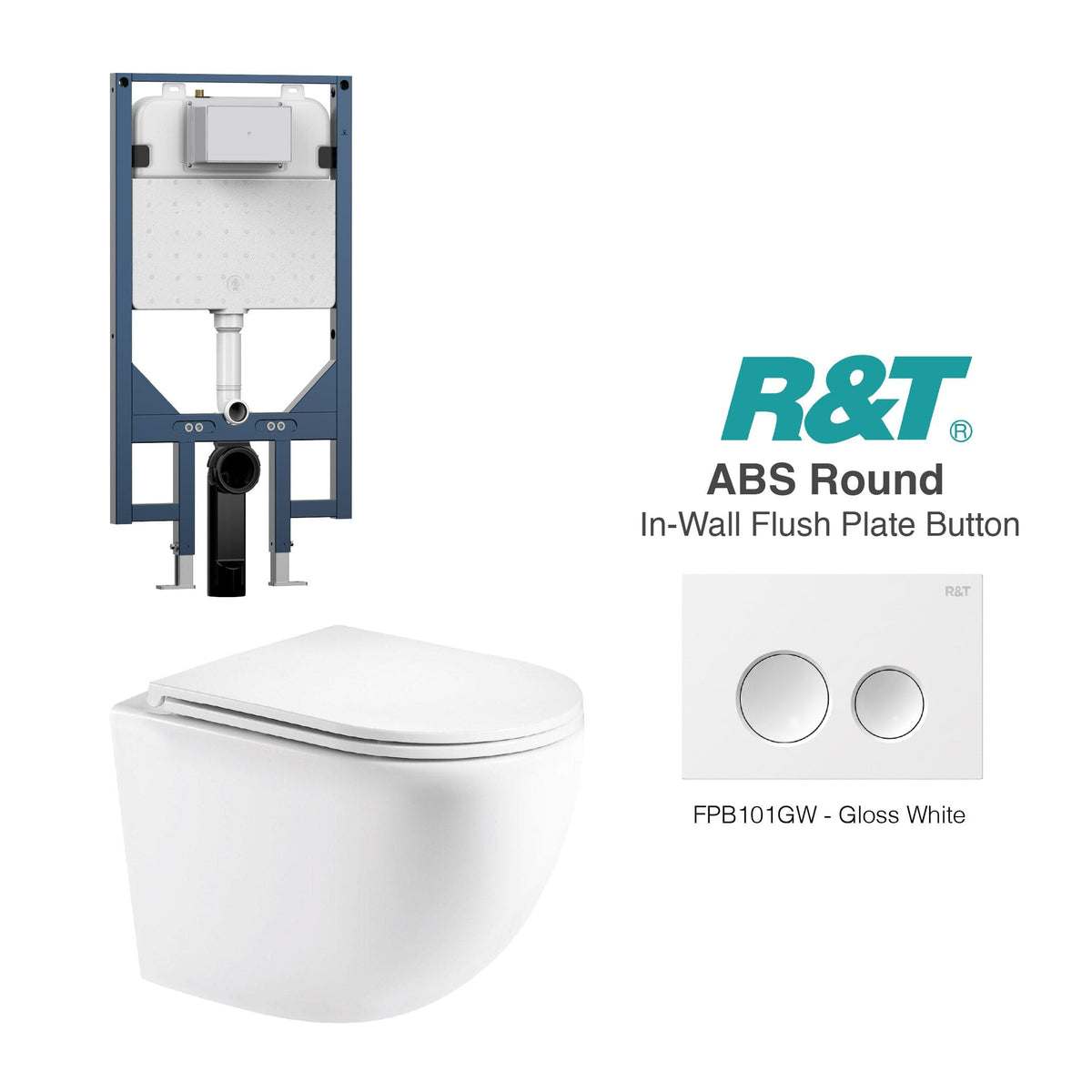 Max49 Wall Hung Rimless Tornado Toilet Package - R&T Cistern & ABS Round Button Arova Max49 Wall Hung Toilet Pan CST003 - R&T In Wall Toilet Cistern Gloss White