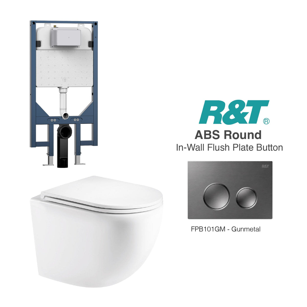 Max49 Wall Hung Rimless Tornado Toilet Package - R&T Cistern & ABS Round Button Arova Max49 Wall Hung Toilet Pan CST003 - R&T In Wall Toilet Cistern Gunmetal