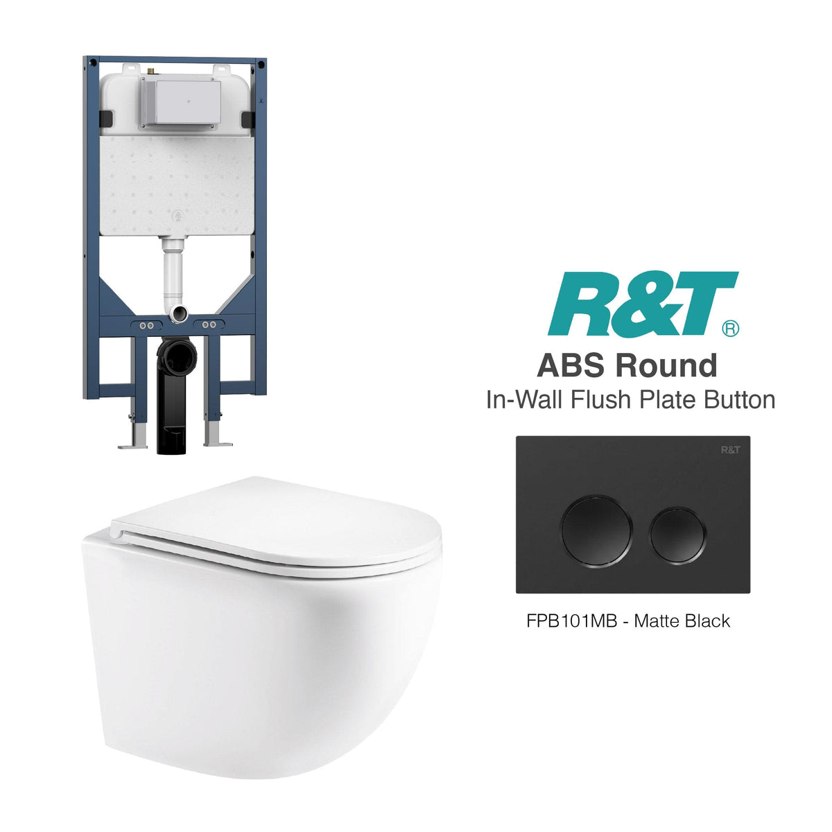 Max49 Wall Hung Rimless Tornado Toilet Package - R&T Cistern & ABS Round Button Arova Max49 Wall Hung Toilet Pan CST003 - R&T In Wall Toilet Cistern Matte Black