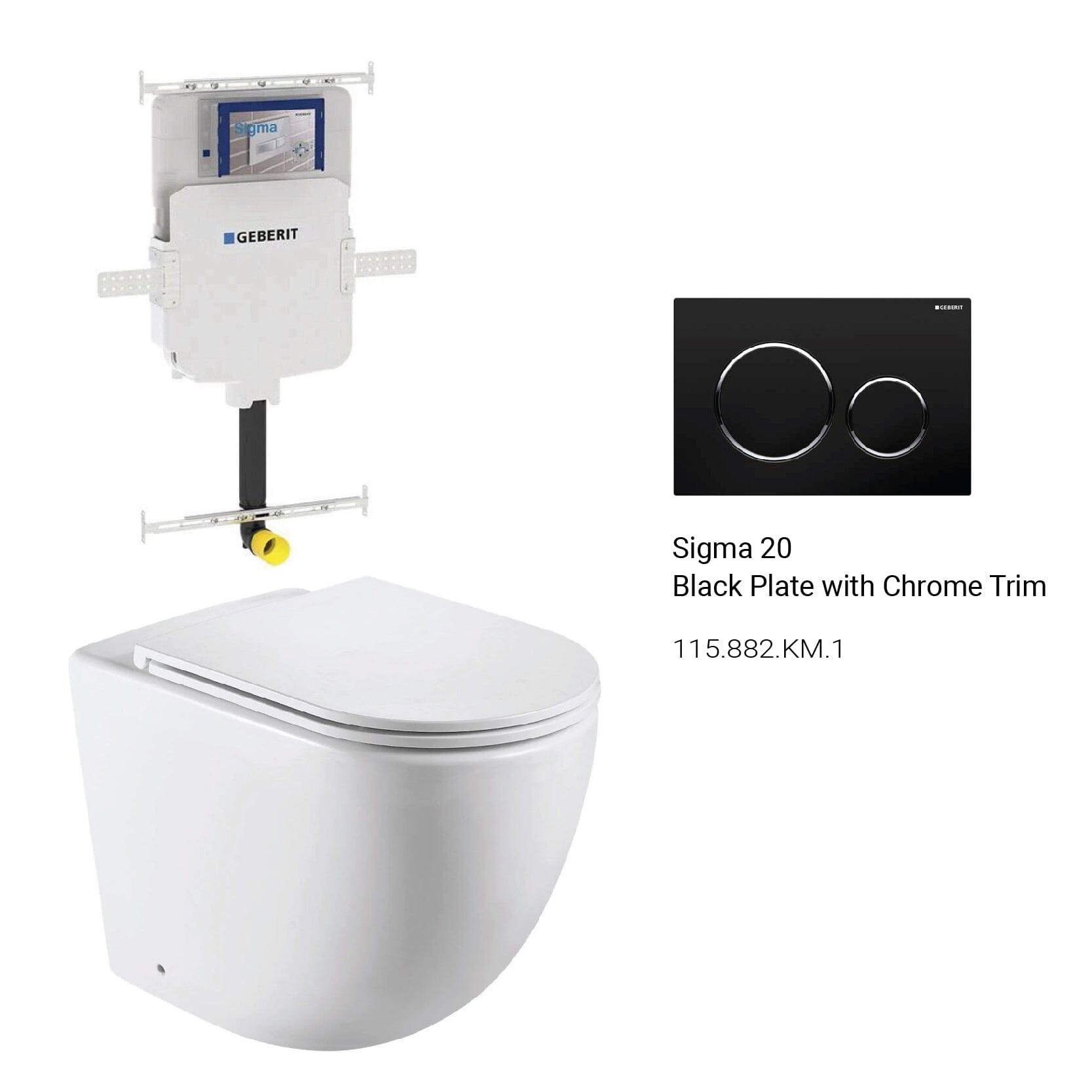 Max57 Rimless Tornado Floor Mount Toilet Pan Packaging - Geberit Sigma 8 Cistern & Round Button Toilets Arova Black plate with chrome trim