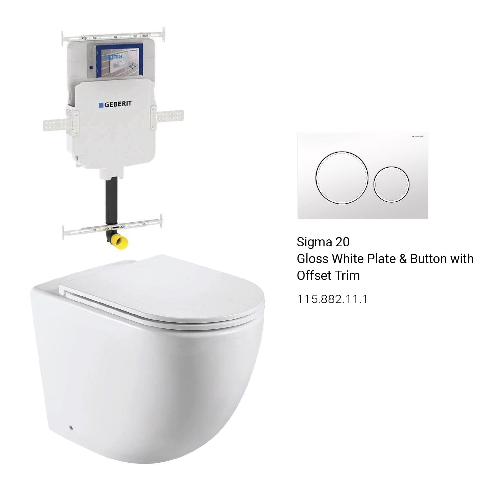 Max57 Rimless Tornado Floor Mount Toilet Pan Packaging - Geberit Sigma 8 Cistern & Round Button Toilets Arova Gloss white plate & button with offset trim