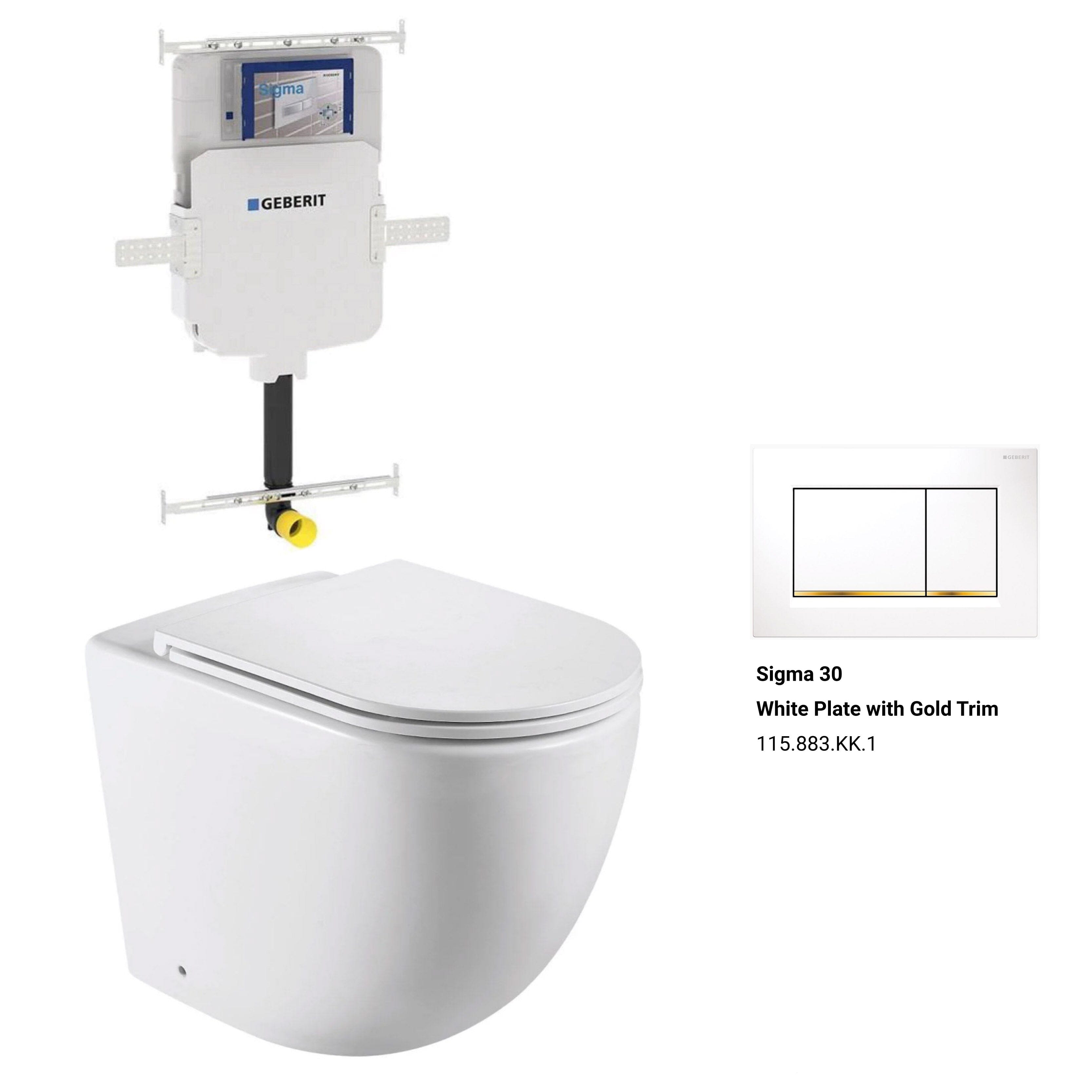 Max57 Rimless Tornado Floor Mount Toilet Pan Packaging - Geberit Sigma 8 Cistern & Square Button Toilets Arova Geberit Sigma 8 In Wall Toilet cistern - 109.795.00.1 Sigma 30 White Plate with Gold Trim-115.883.KK.1
