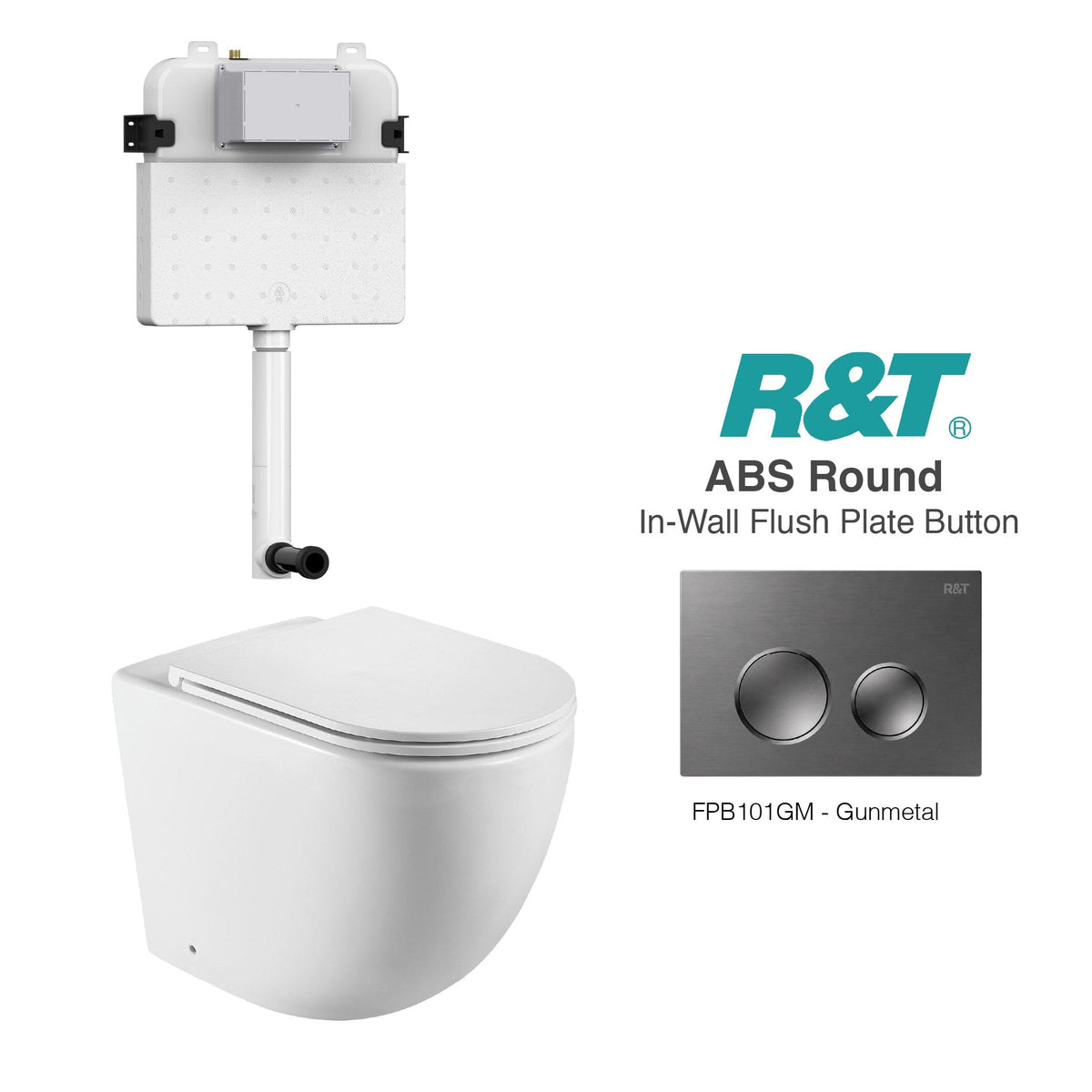 Max57 Rimless Tornado Toilet Package - R&T Cistern & ABS Round Button Arova Max57 CST001 - R&T In Wall Toilet Cistern Gunmetal