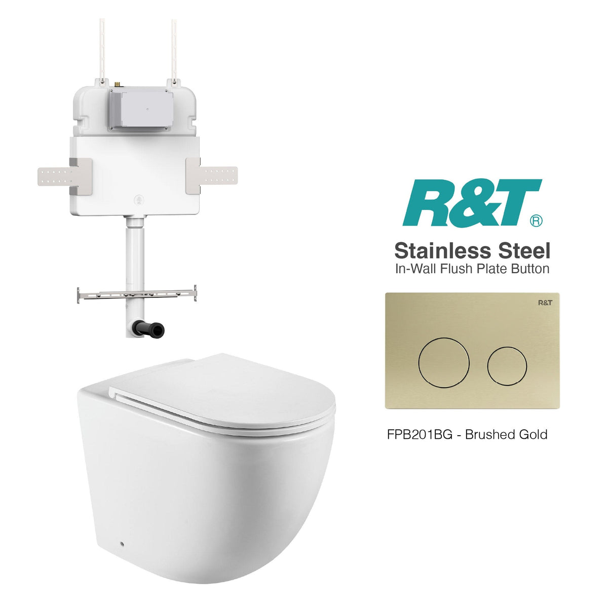 Max57 Rimless Tornado Toilet Package - R&T Cistern & Stainless Steel Button Arova Max57 CST002 – Upgraded Reinforced R&T In-Wall Toilet Cistern Brushed Gold