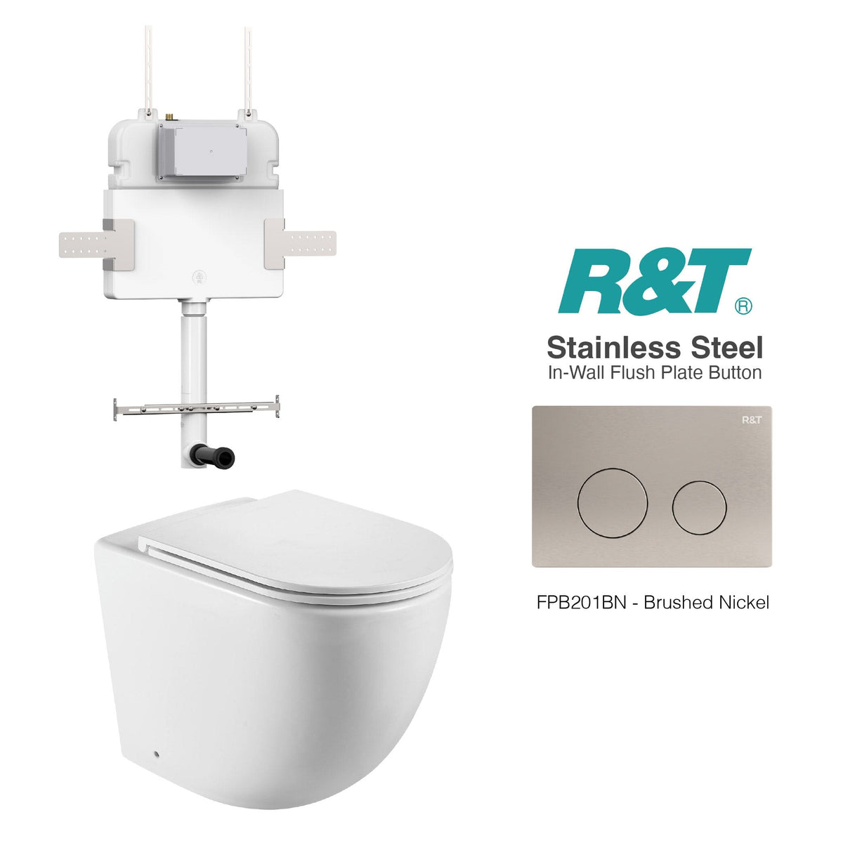 Max57 Rimless Tornado Toilet Package - R&T Cistern & Stainless Steel Button Arova Max57 CST002 – Upgraded Reinforced R&T In-Wall Toilet Cistern Brushed Nickel