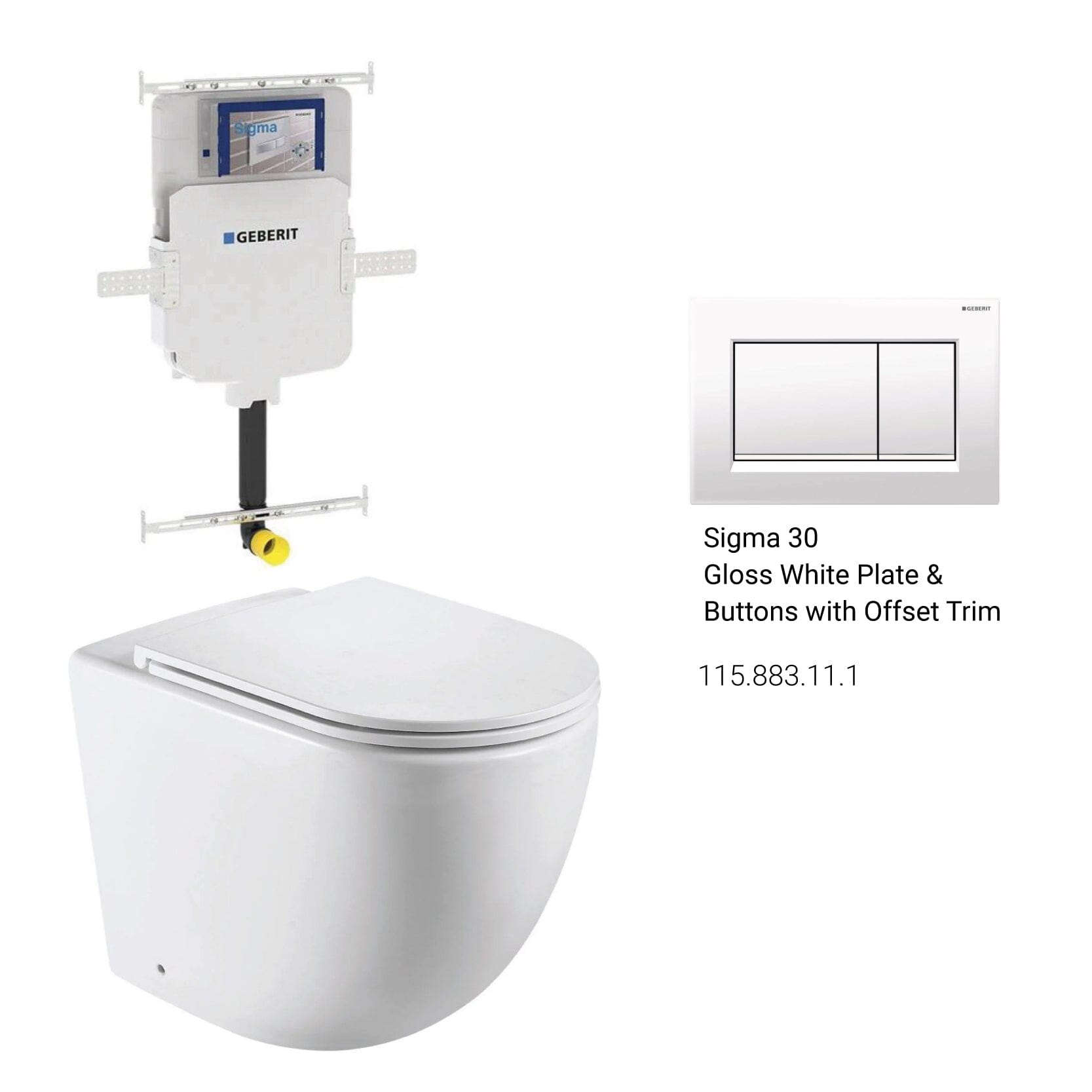 Max57 Rimless Tornado Toilet Pan Packaging - Geberit Sigma 8 Cistern & Square Button Toilets Arova Gloss white plate & buttons with offset trim
