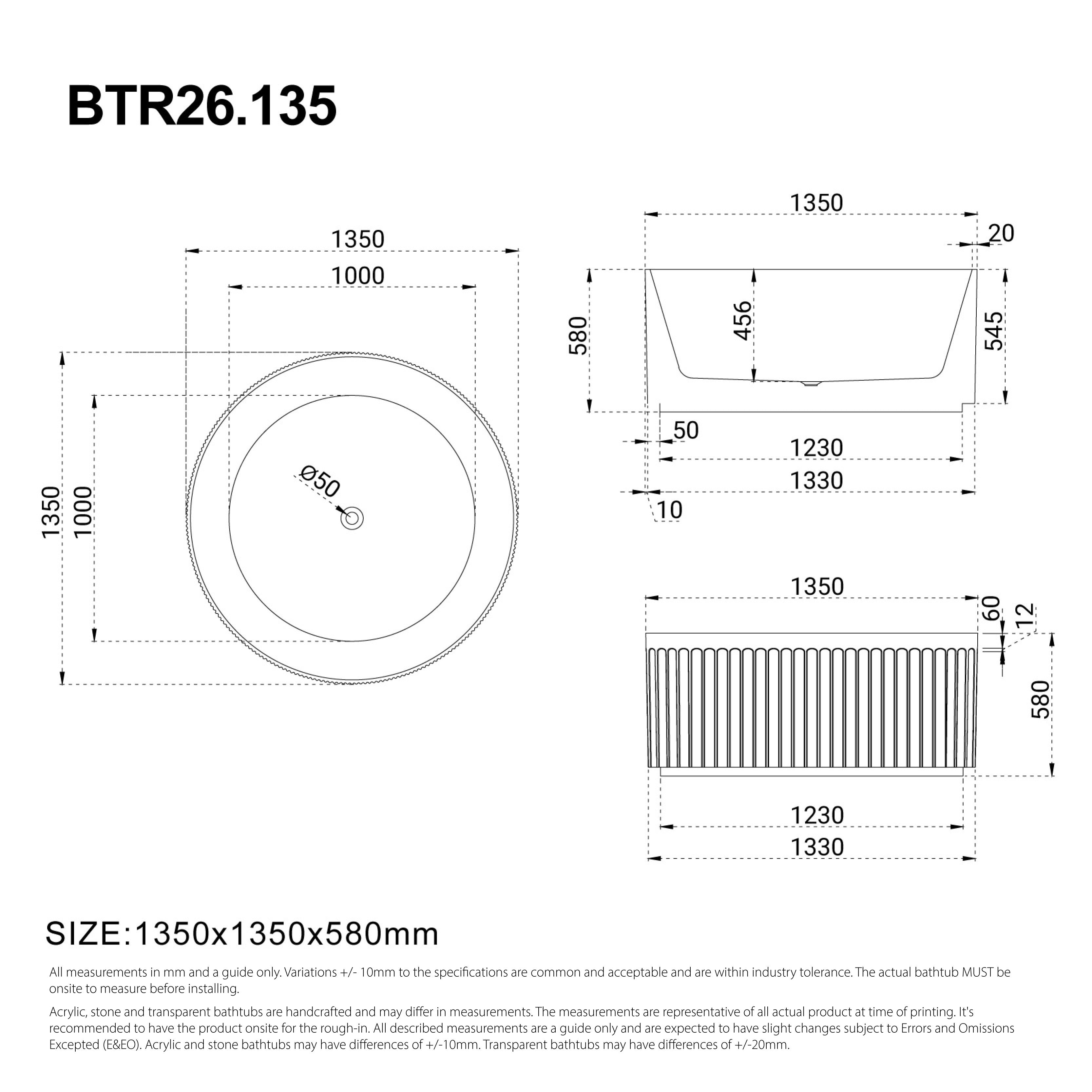 MELO 1350mm Round Fluted Freestanding Bathtub Matte White Baths AROVA