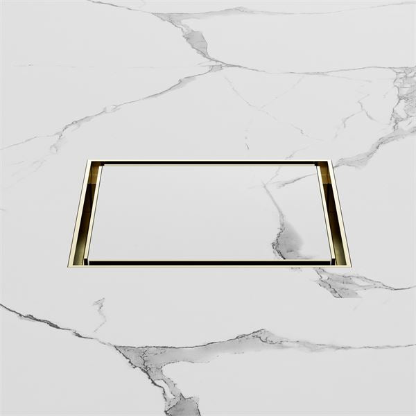 Nero 130mm Square Tile Insert Floor Waste 100mm Outlet Brushed Gold NRFW008BG Shower Grate Nero