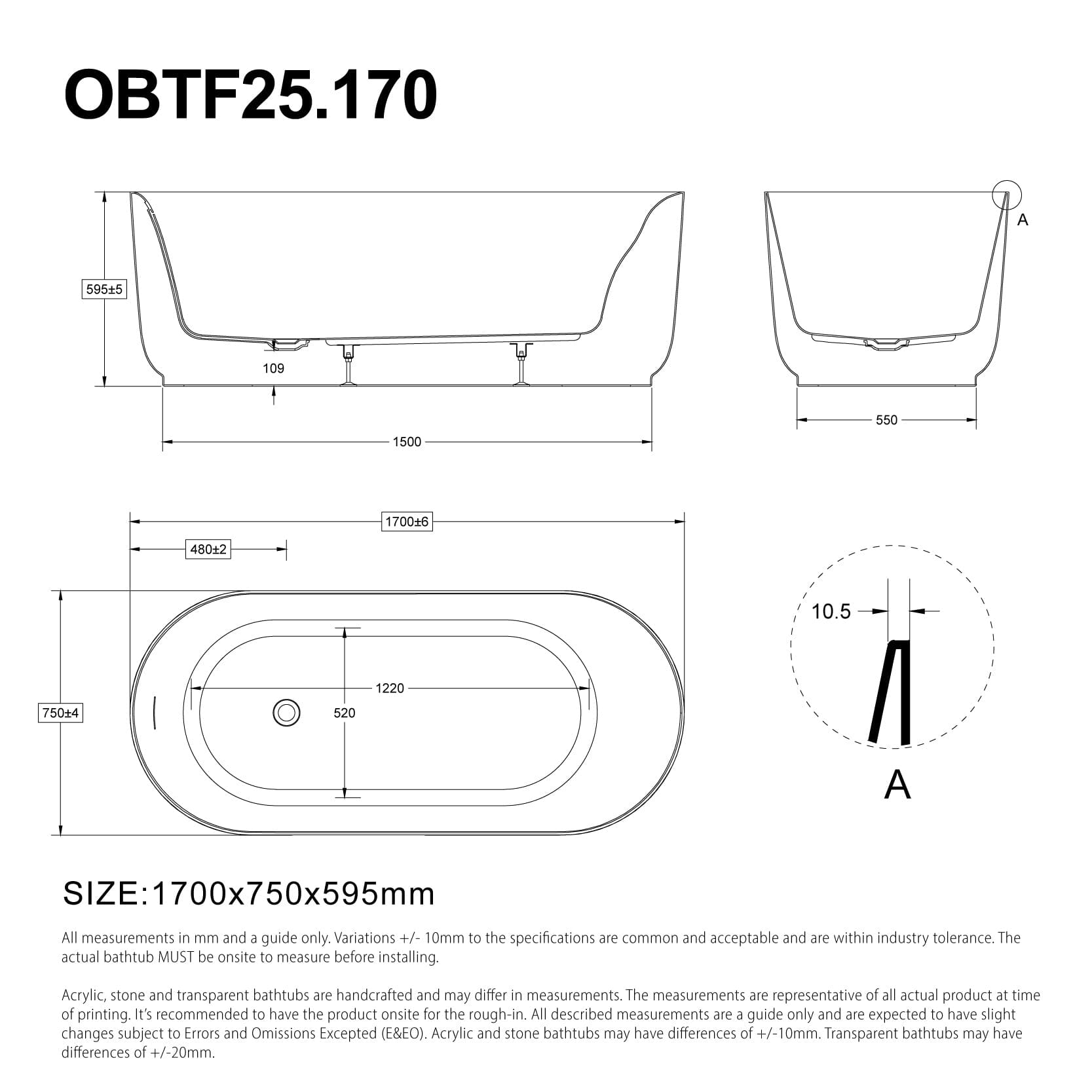 Nola 1700mm Freestanding Bath with Overflow Gloss White Baths Arova