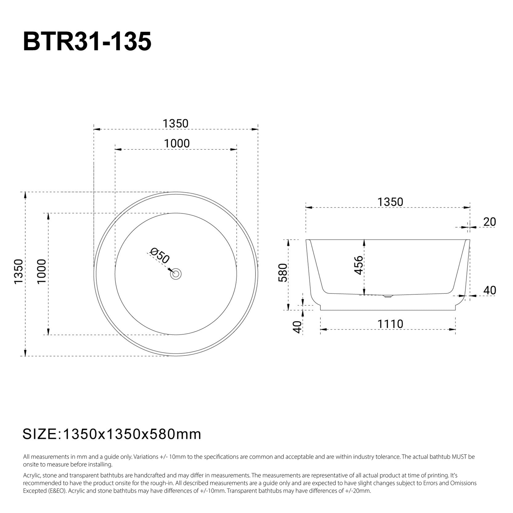NOVA 1350mm Round Freestanding Bath Gloss White Baths AROVA