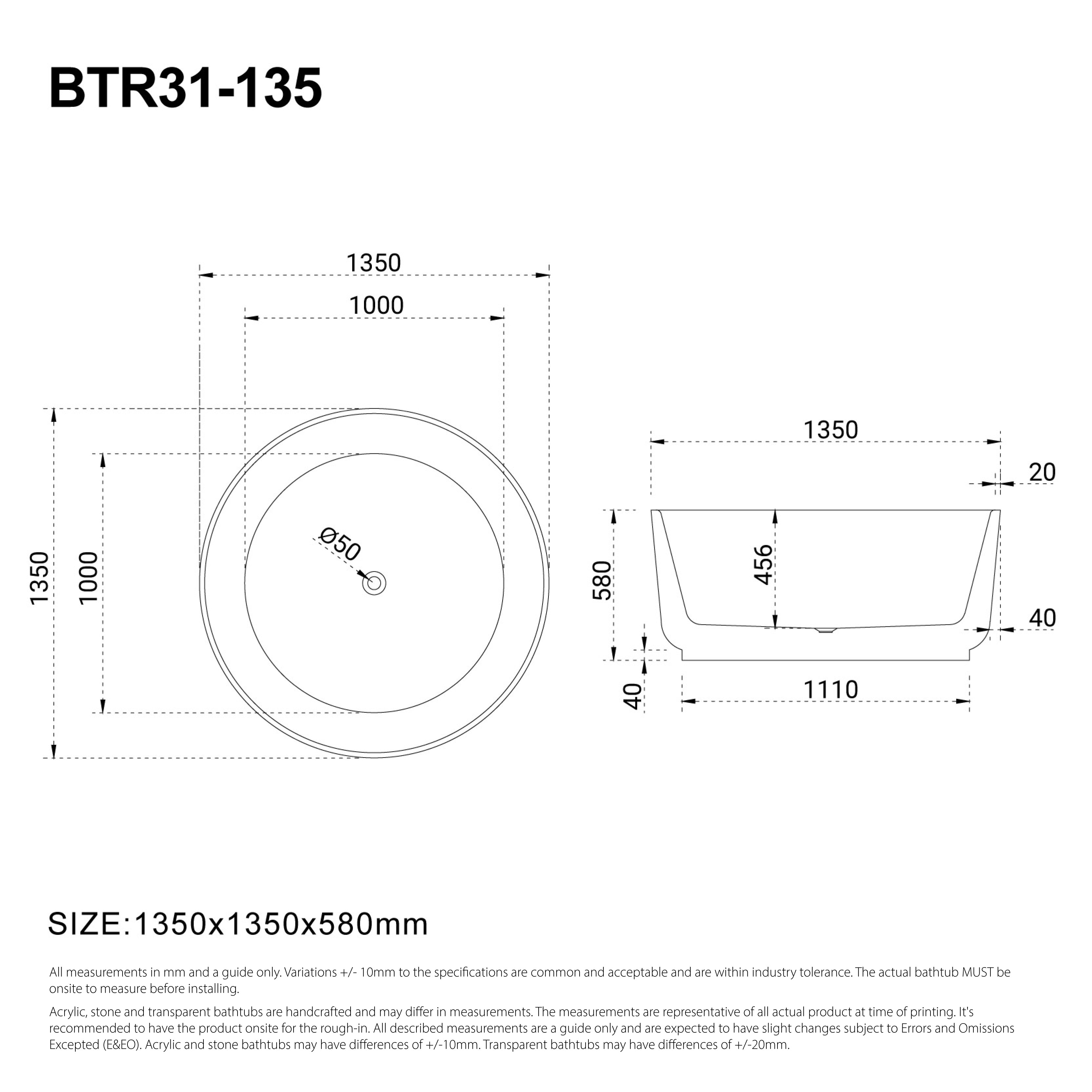 NOVA 1350mm Round Freestanding Bath Gloss White Baths AROVA